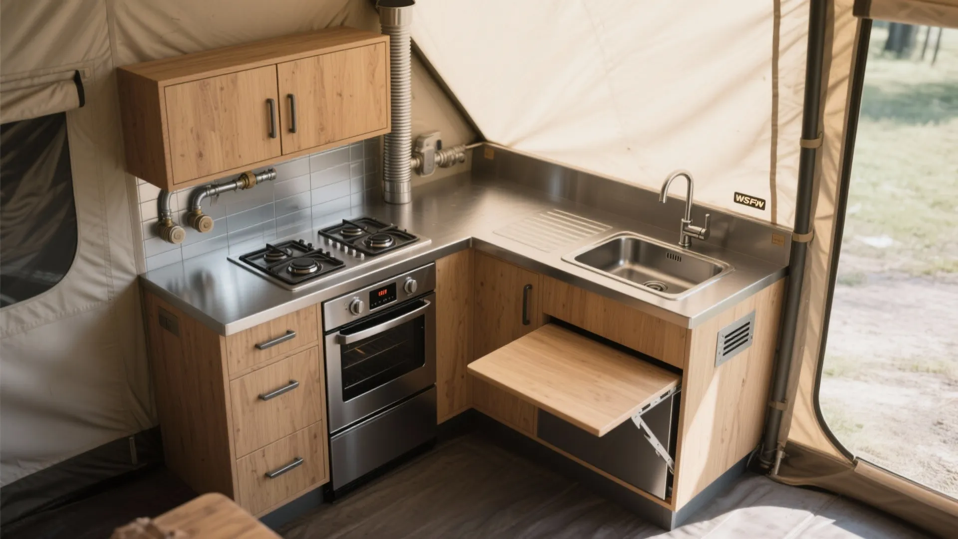 Tent corner kitchenette with induction cooktop, undercounter fridge, deep bar sink, fold-down prep leaf, and a stainless splash-back.