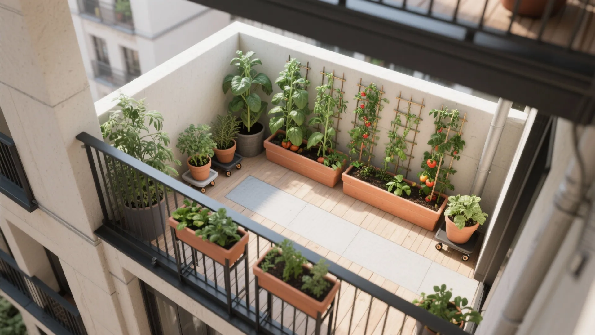 Aerial view of an apartment balcony featuring several potted vegetable plants and a wood floor