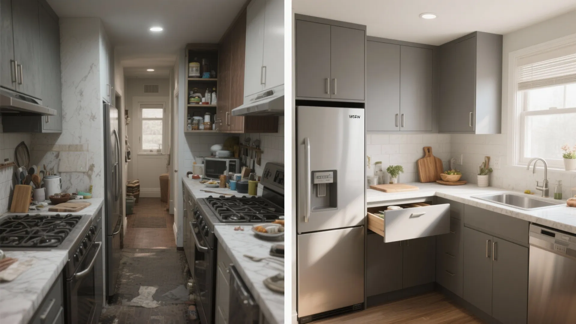 Before-and-after comparison of a messy narrow kitchen versus a clean modern grey kitchen design layout