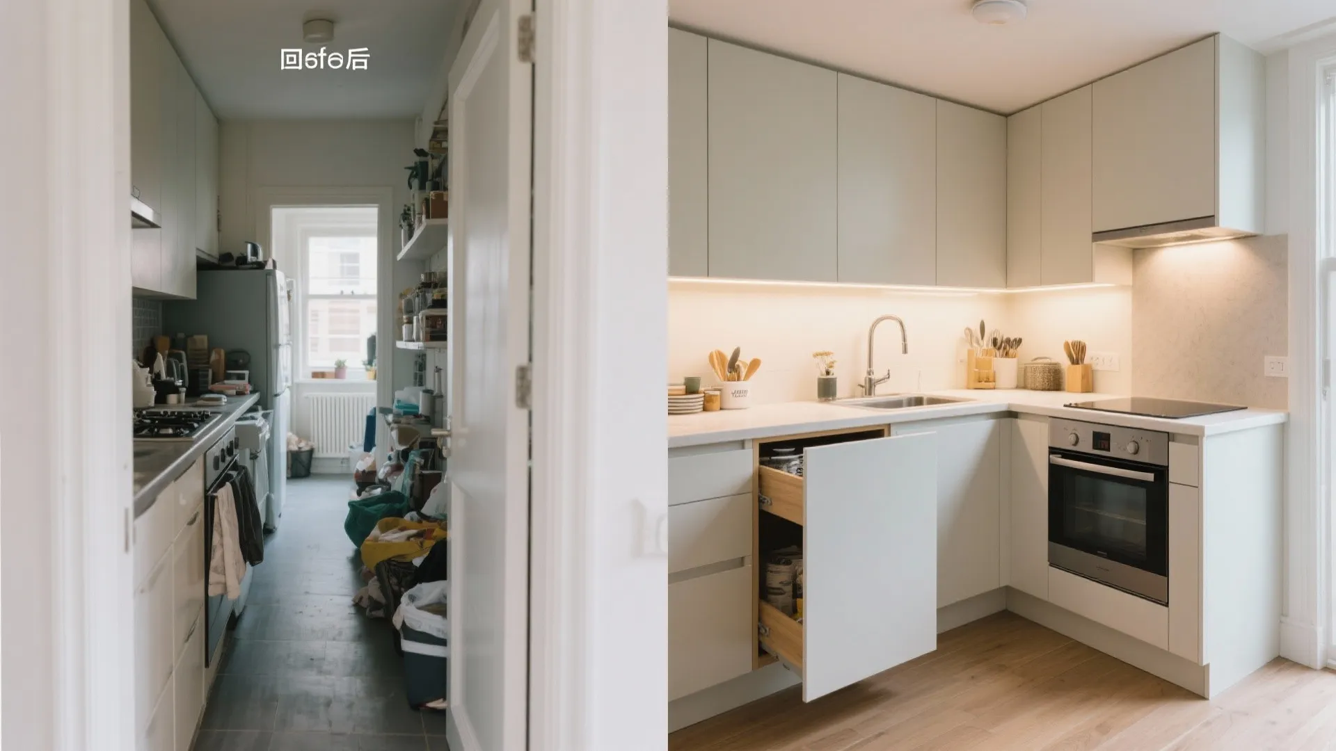 Messy old kitchen versus clean modern L-shaped kitchen with white cabinets and new wood flooring