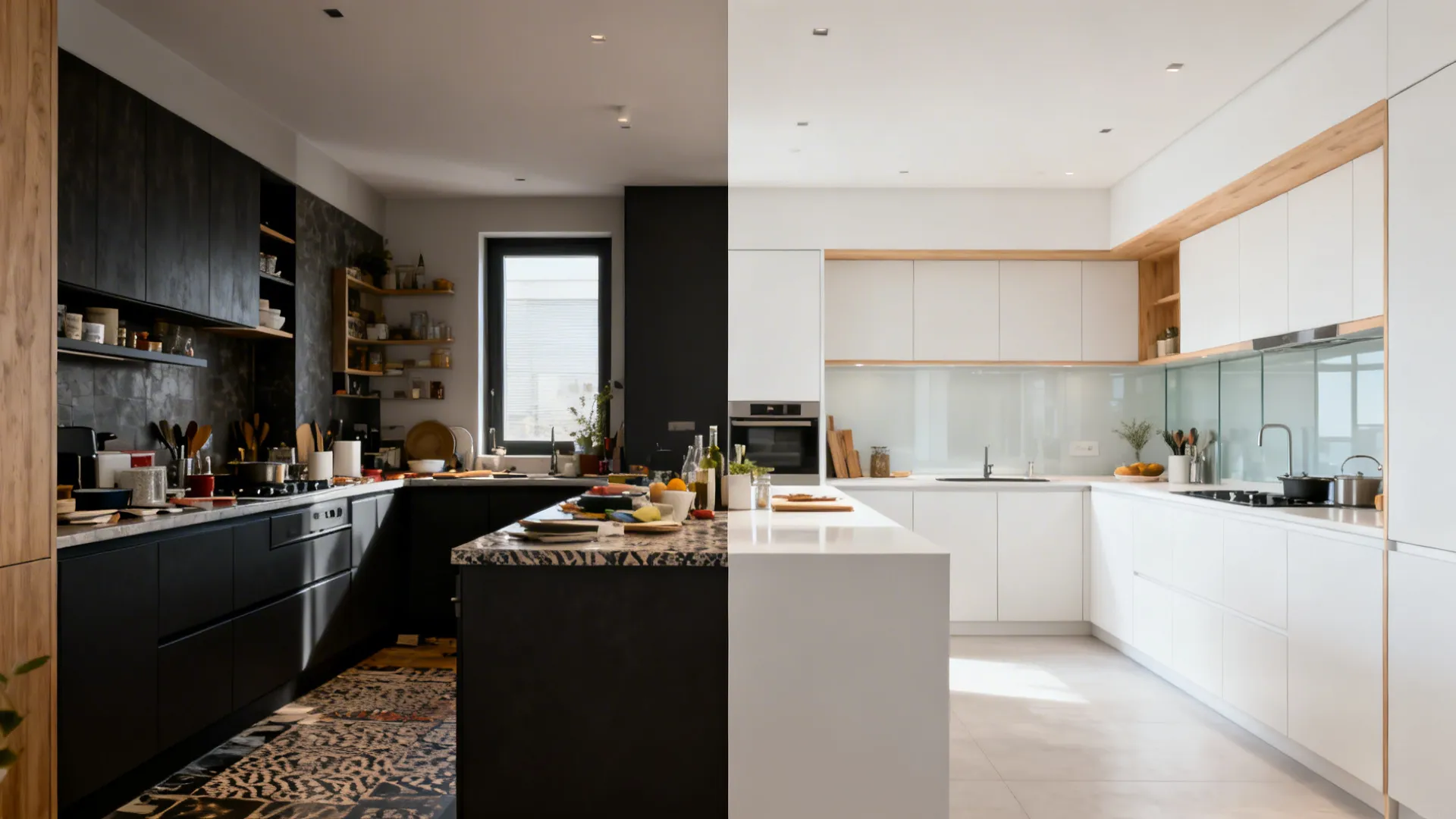 Before-and-after of a small kitchen shifting from one-wall clutter to a bright, efficient L-shaped layout.