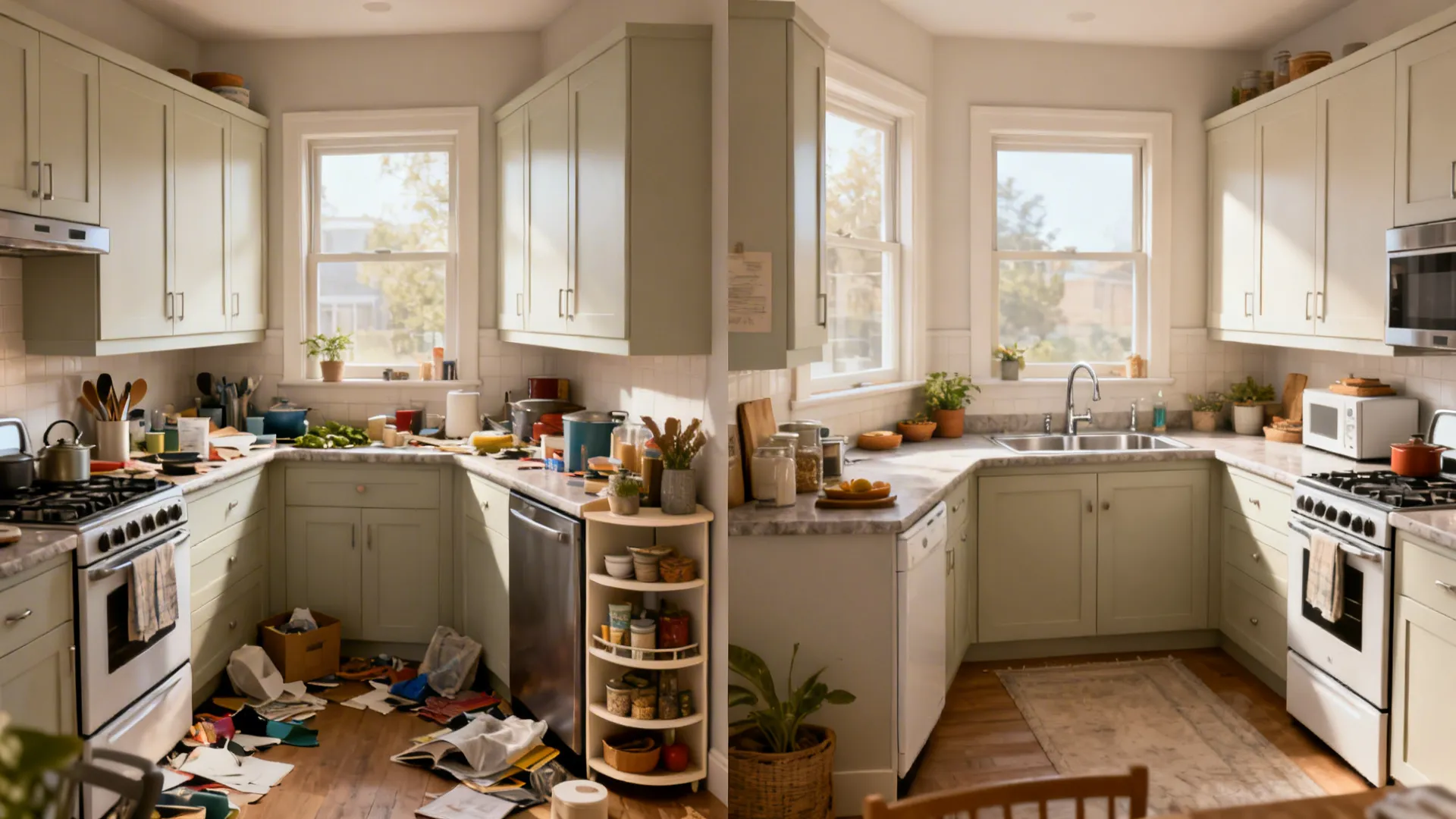 Before-and-after of a small L kitchen showing a cluttered corner transformed into a continuous prep run.