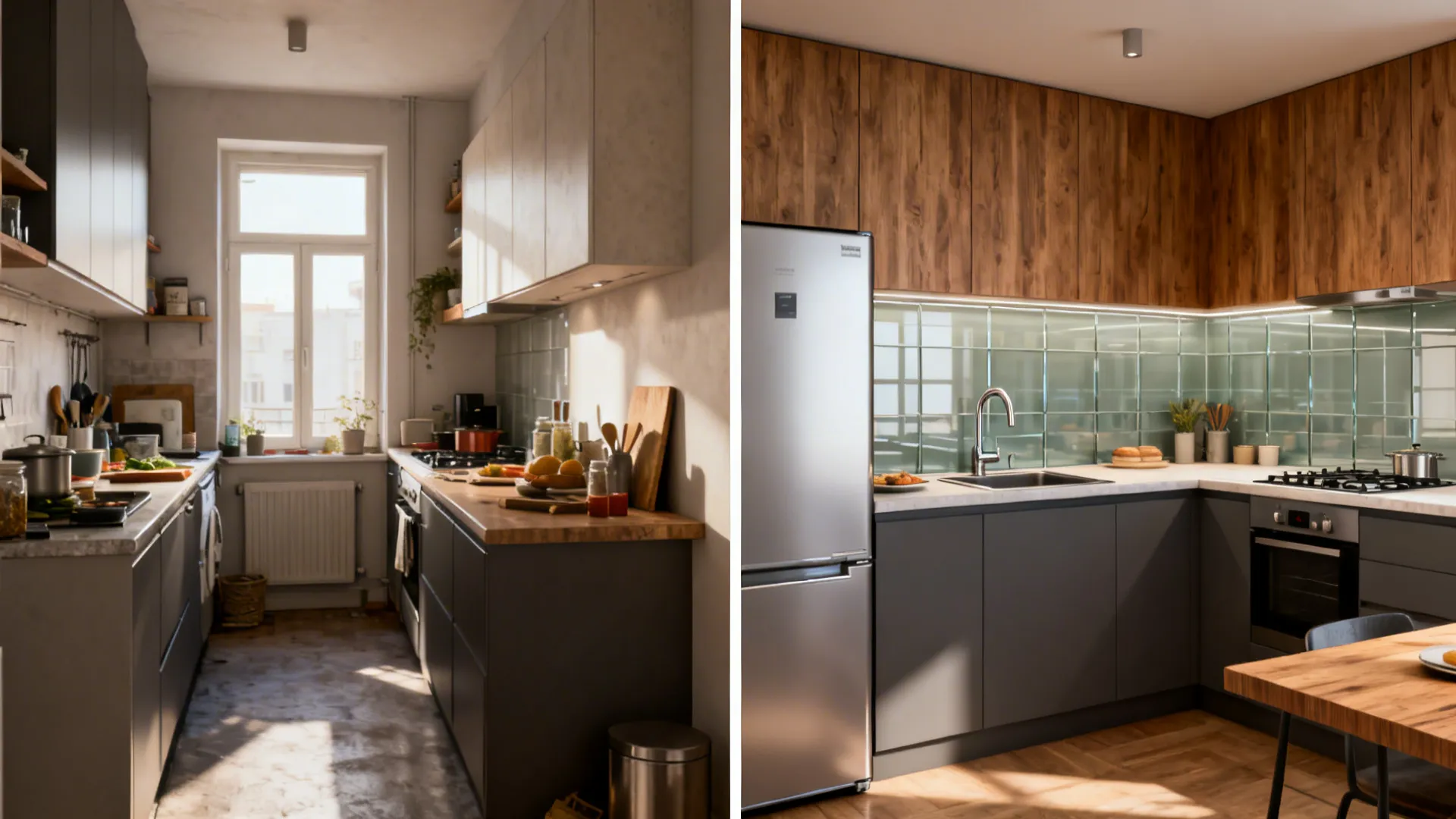 Before-and-after of a small kitchen changing from cramped linear to efficient L-shaped layout.