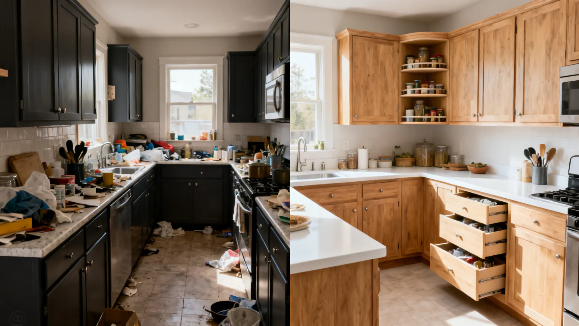 Before-and-after of a small kitchen transformed from a straight run to a bright L-shaped layout