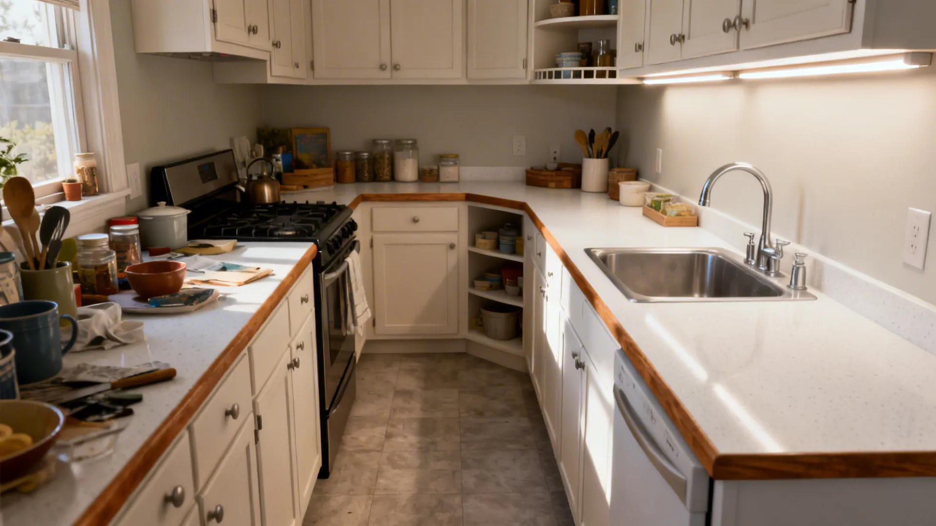 Before-and-after of a compact L kitchen showing clearer landings and lighting.