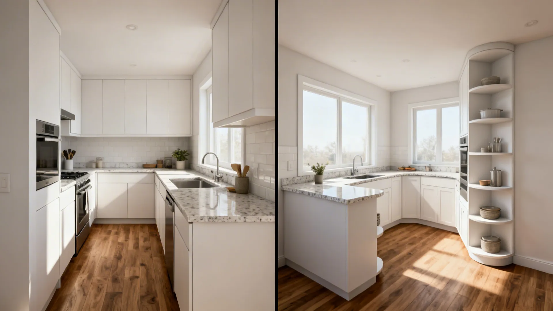 Split scene comparing a cramped single-wall kitchen to an efficient L-shaped layout.