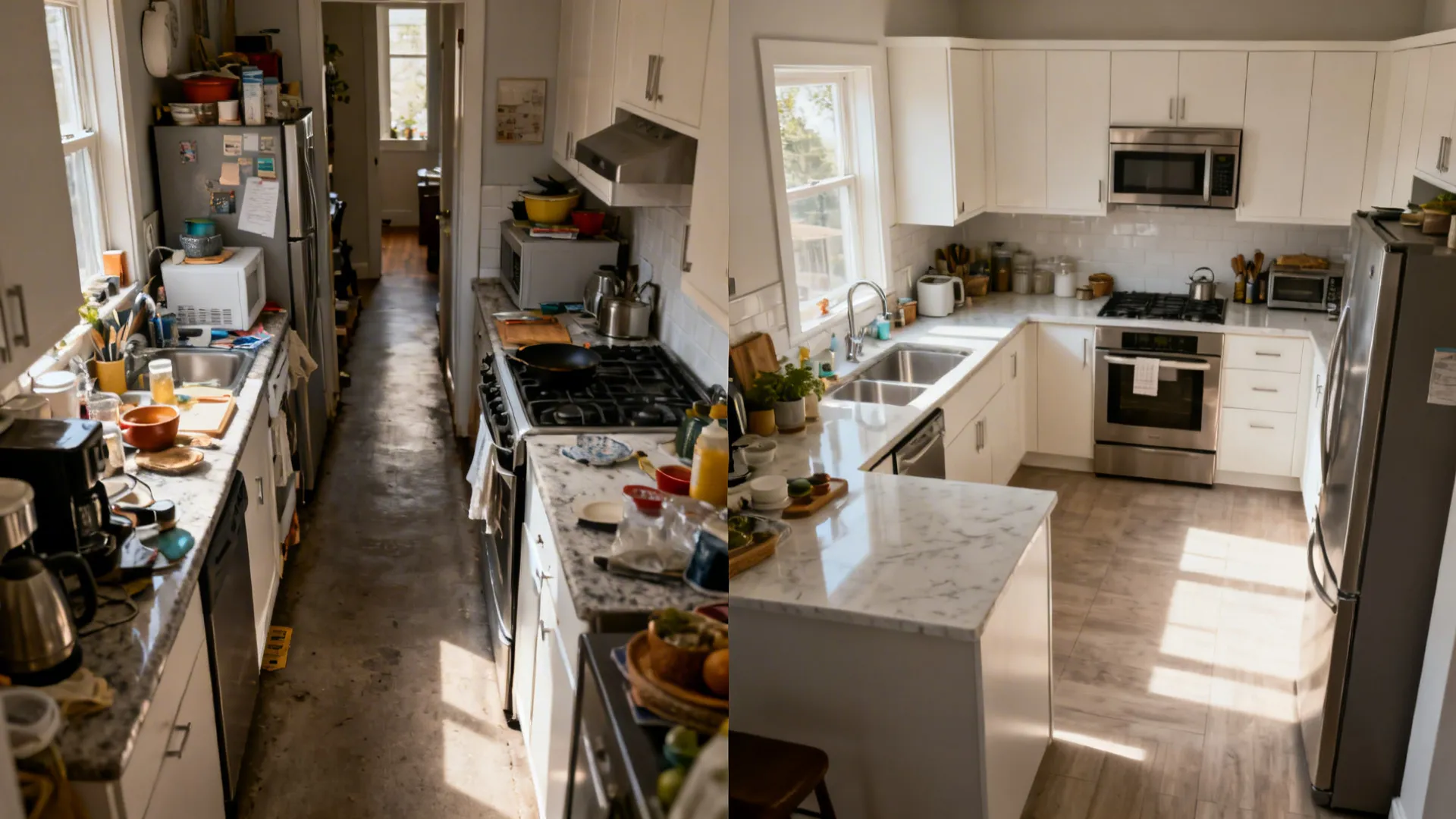 Before-and-after comparison showing cluttered straight run versus streamlined L-shaped kitchen.