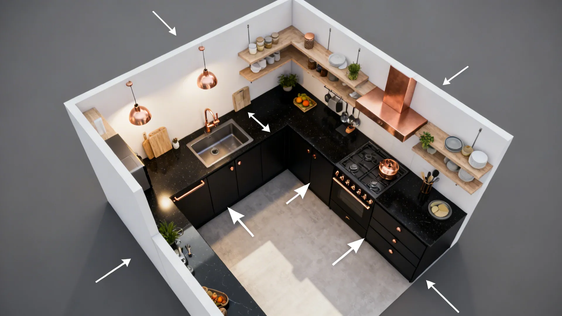 Top-down view of an L-shaped small kitchen with matte black bases and copper accents.