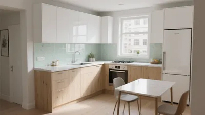 Scandinavian Kitchen with Mint Tile Backsplash & Light Wood Accents