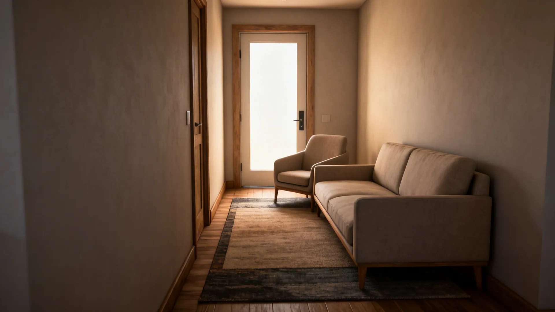 Small living room with L-shaped seating oriented to view the front door.