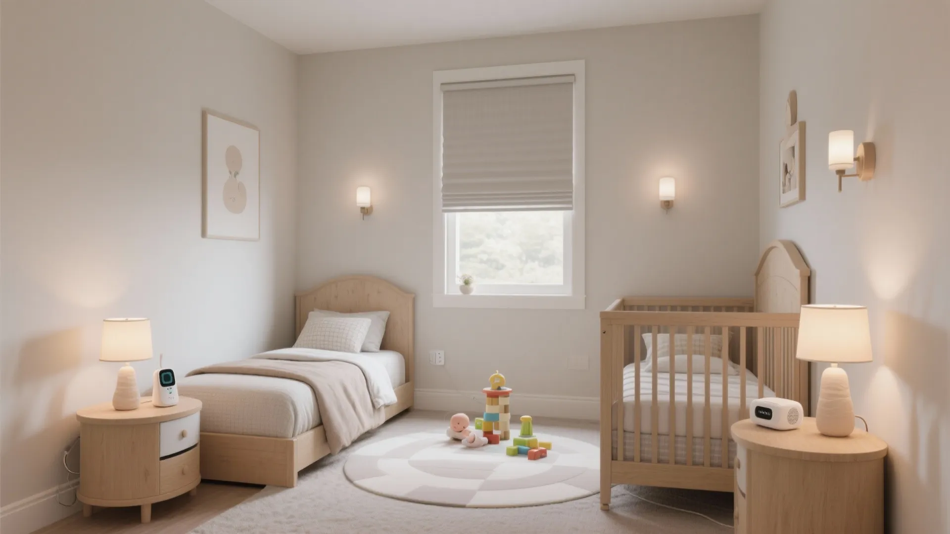 Crib-and-Twin “L” Layout with Shared Nightstand