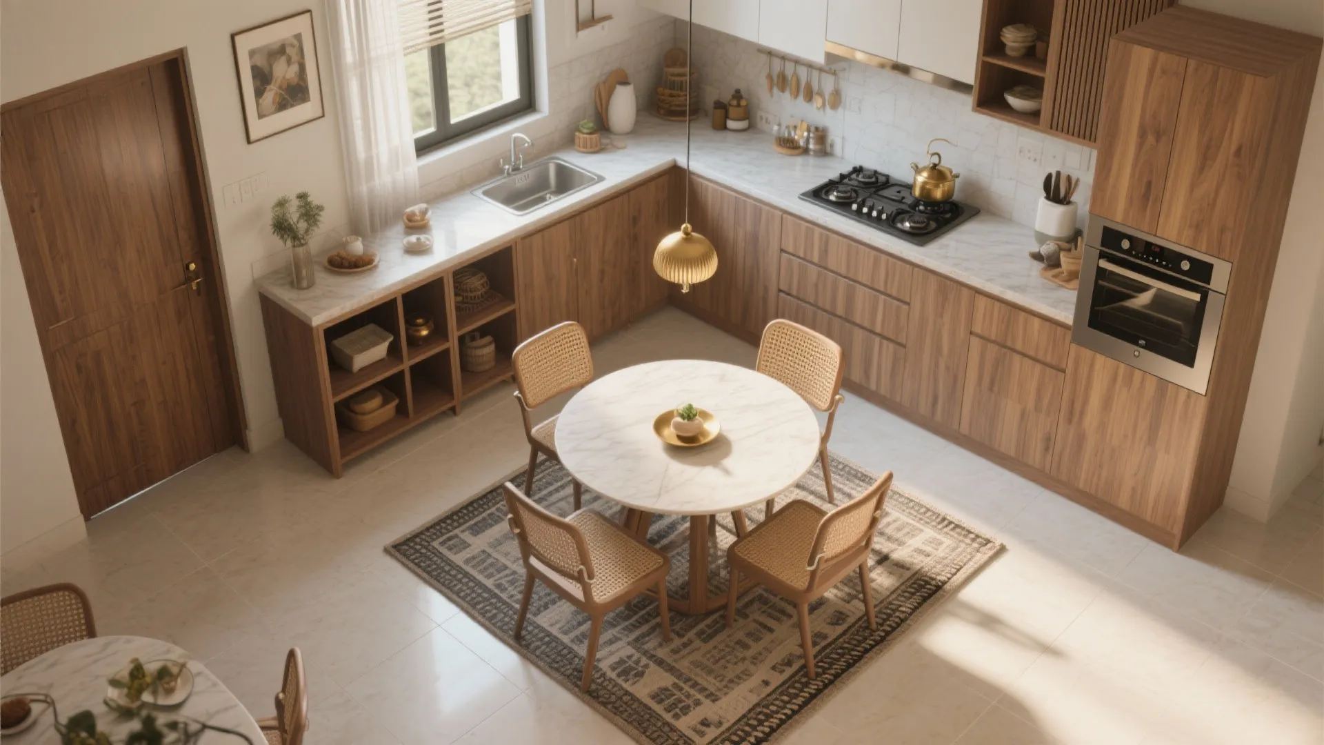 L-shaped dining and kitchen synergy