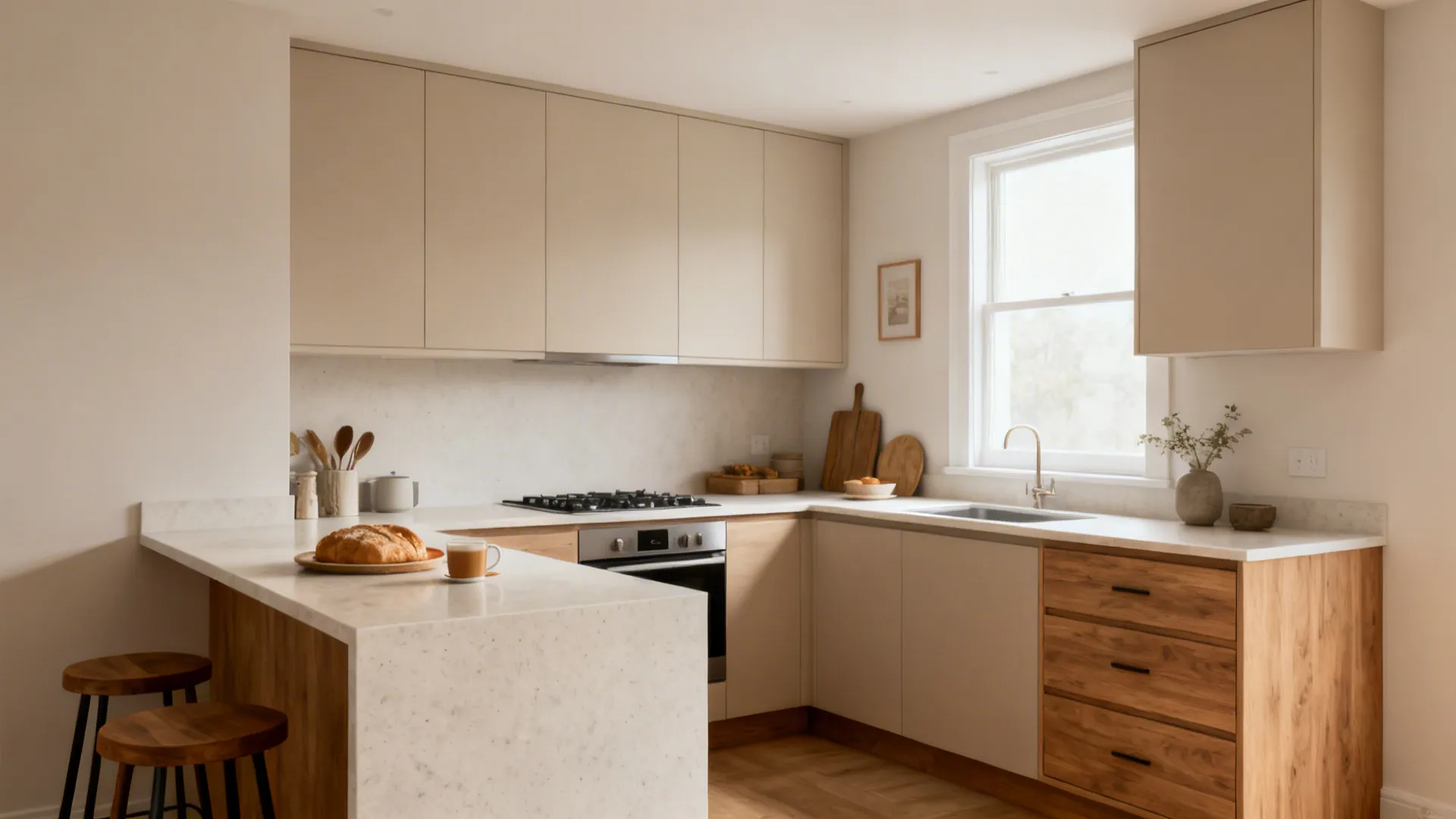 Compact L-shaped kitchen with a long continuous worktop and a small breakfast perch.