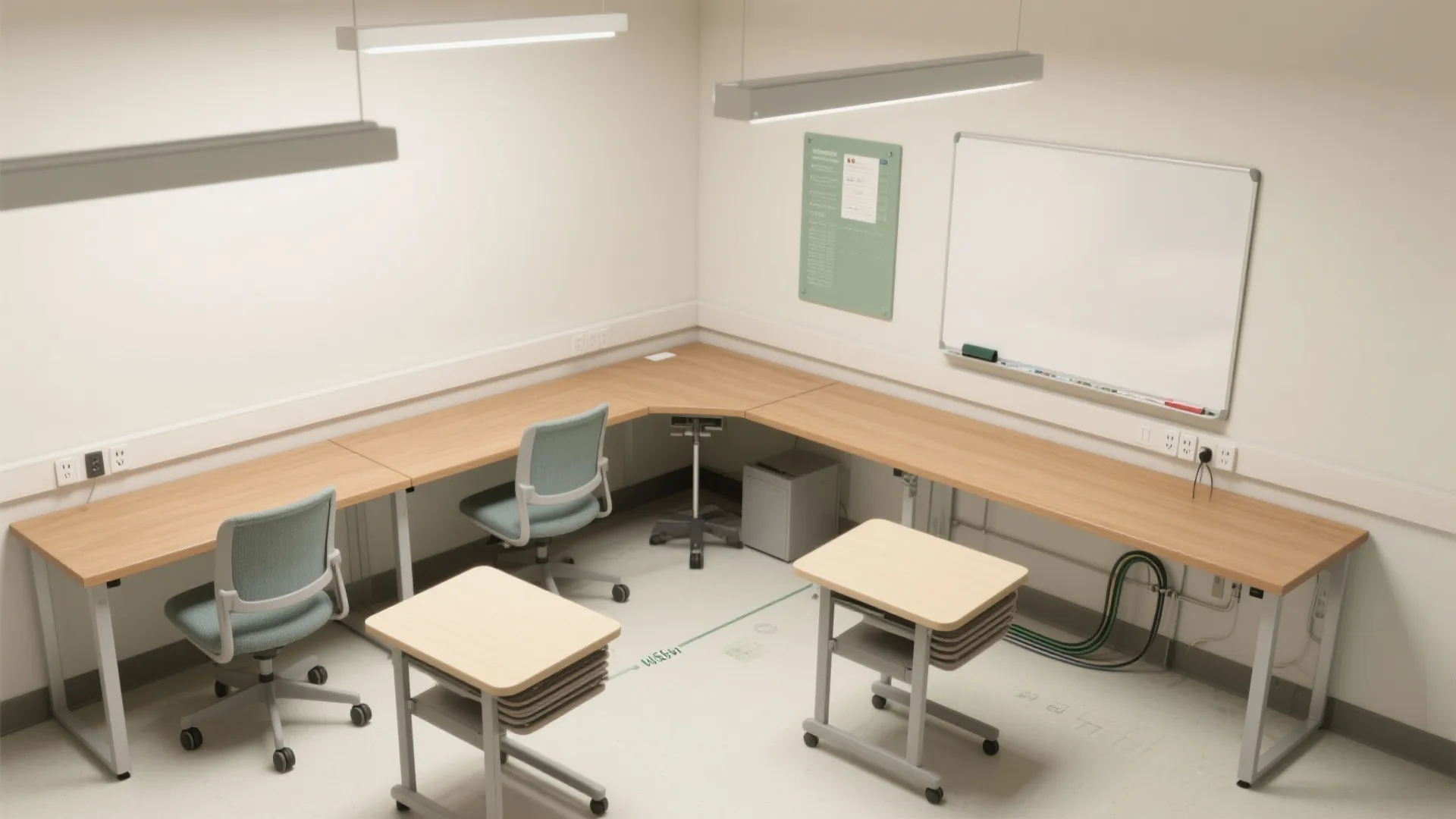 Small office room layout with corner wooden desk white board blue chairs and ceiling lights