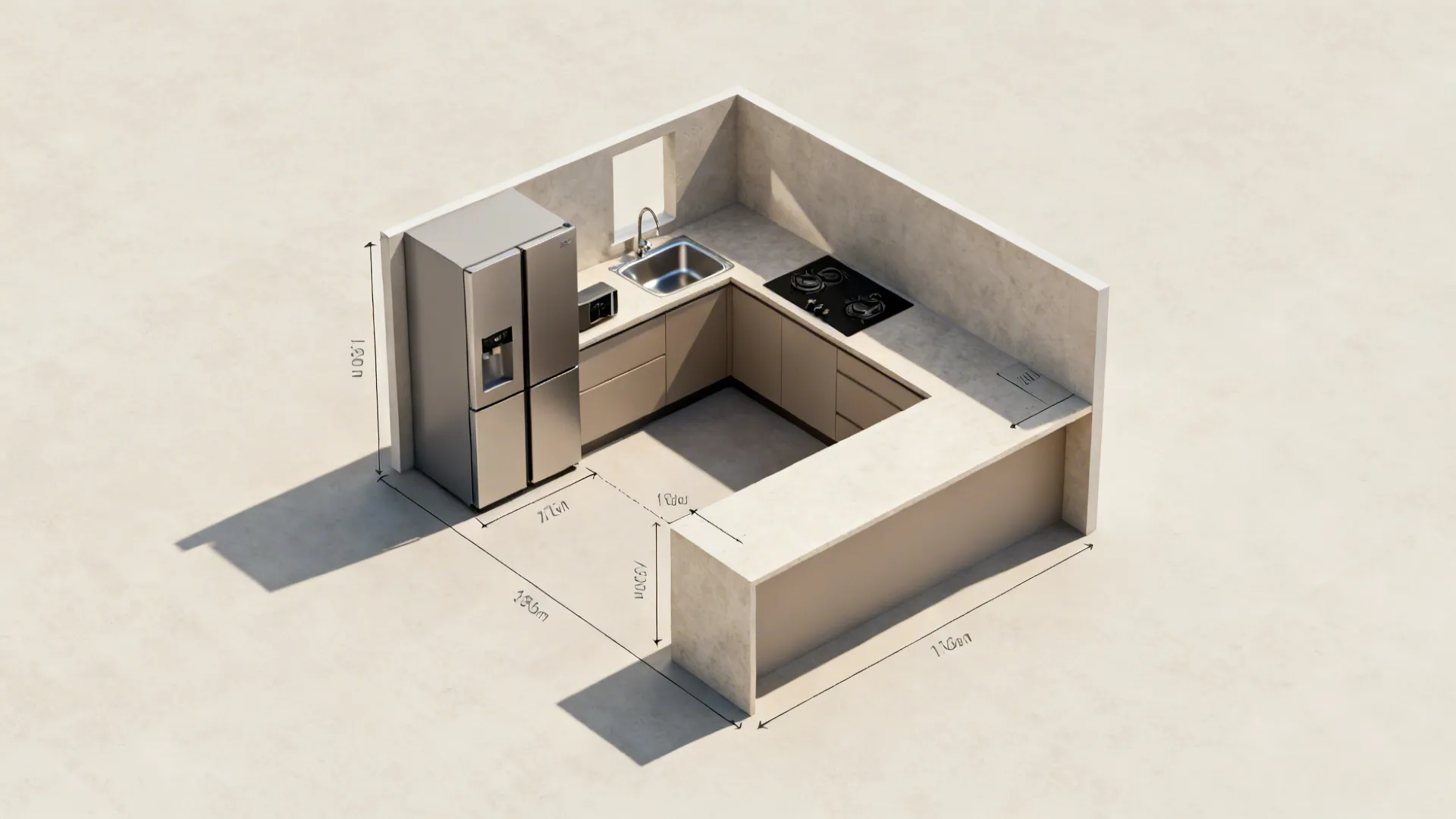 Small U-shaped kitchen layout drawing showing refrigerator sink stove and dimensions on a light background