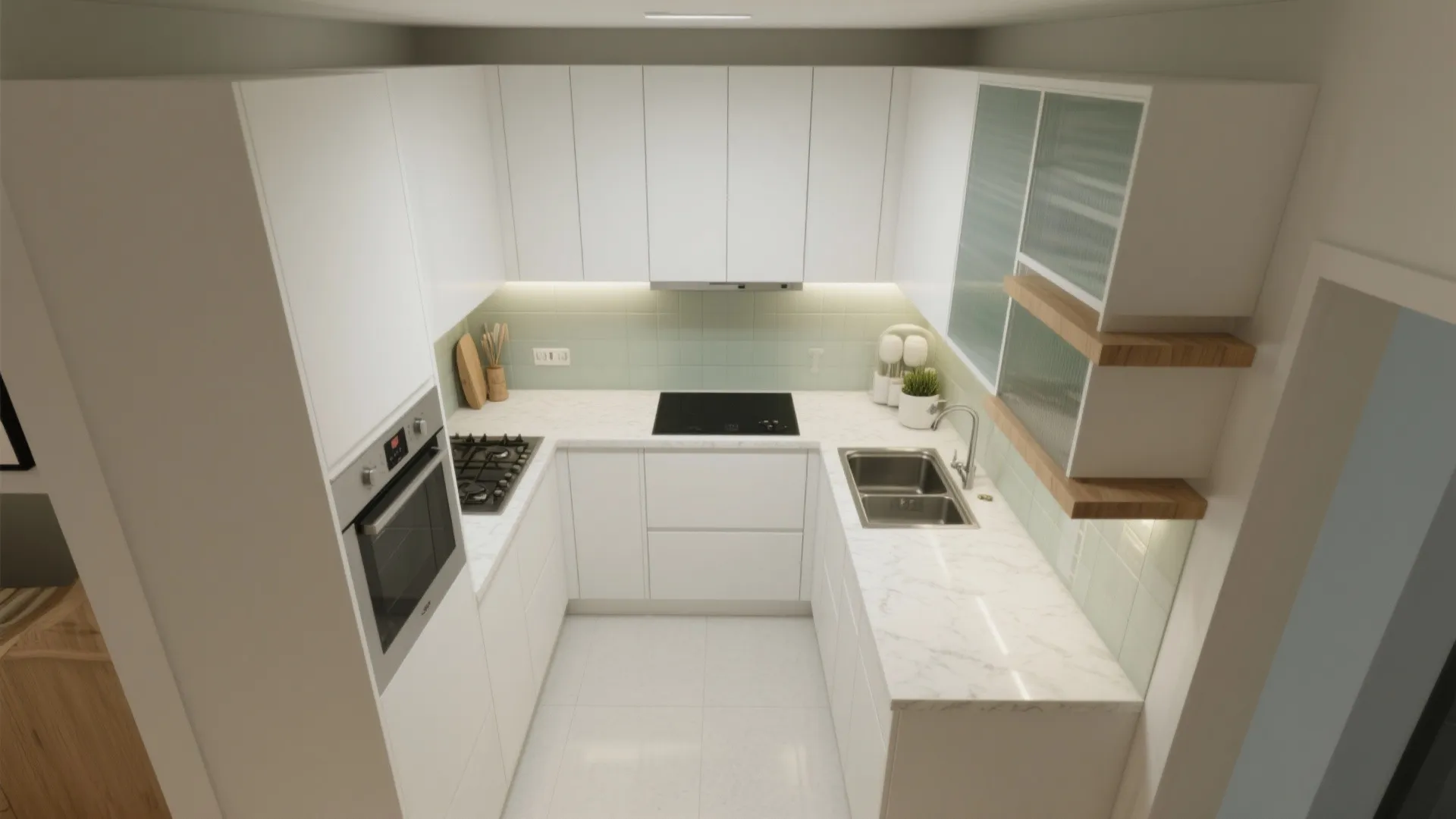 Interior design drawing showing a white u shaped kitchen with marble countertops and green tiles