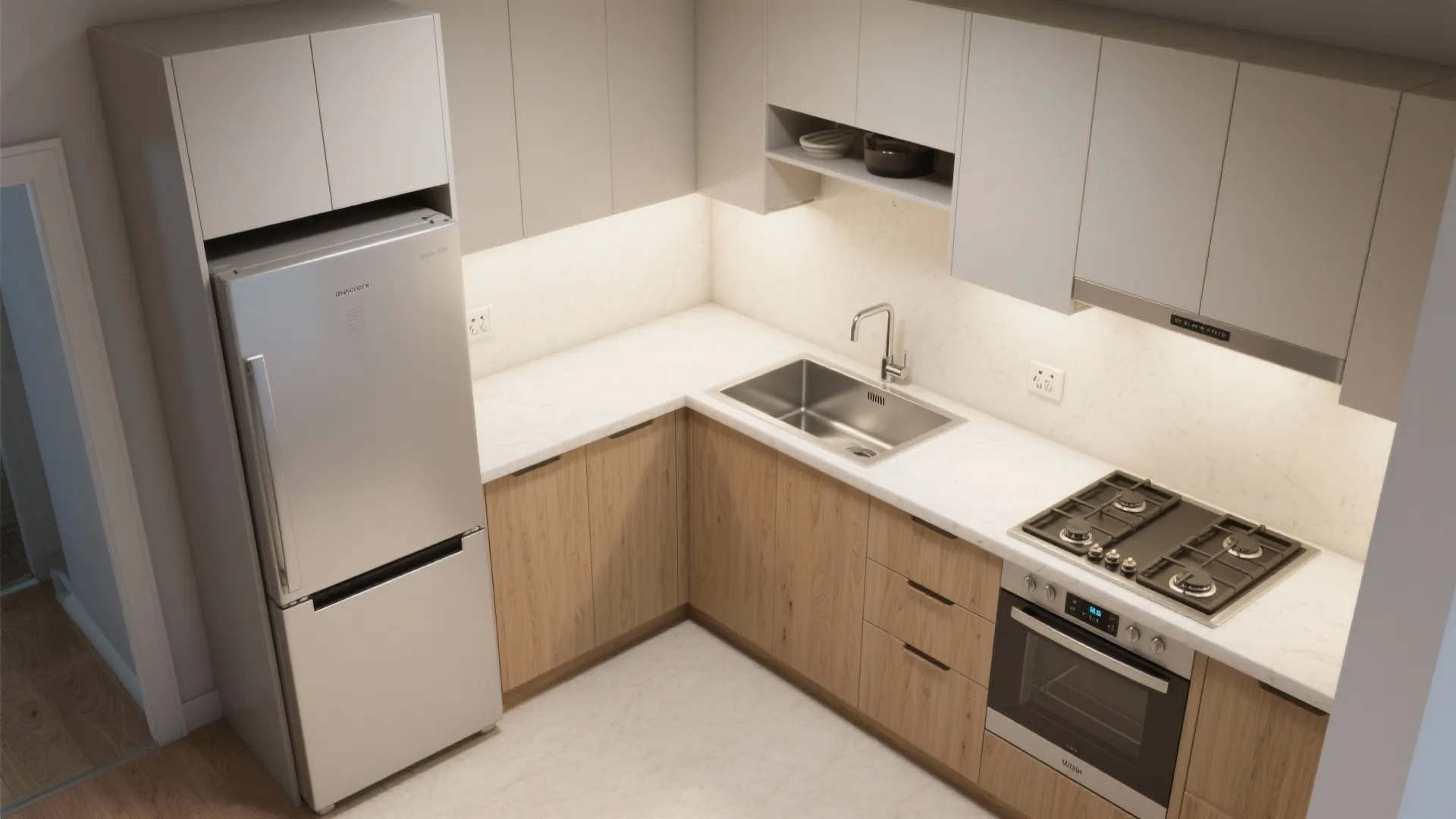 L-shaped layout that frees up counters