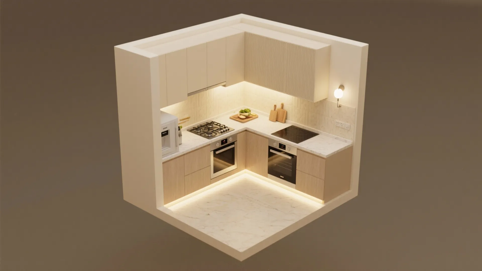 Modern cream kitchen interior design drawing with wooden cabinets marble floor and warm wall light