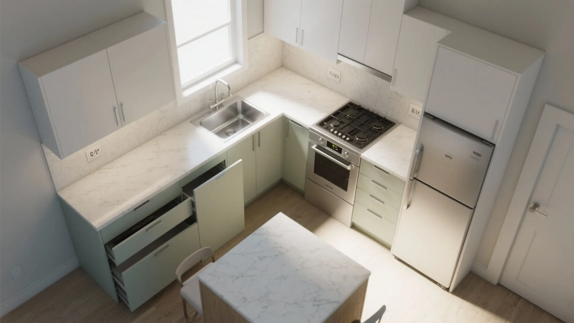 L-shaped small-kitchen layout that frees countertop space