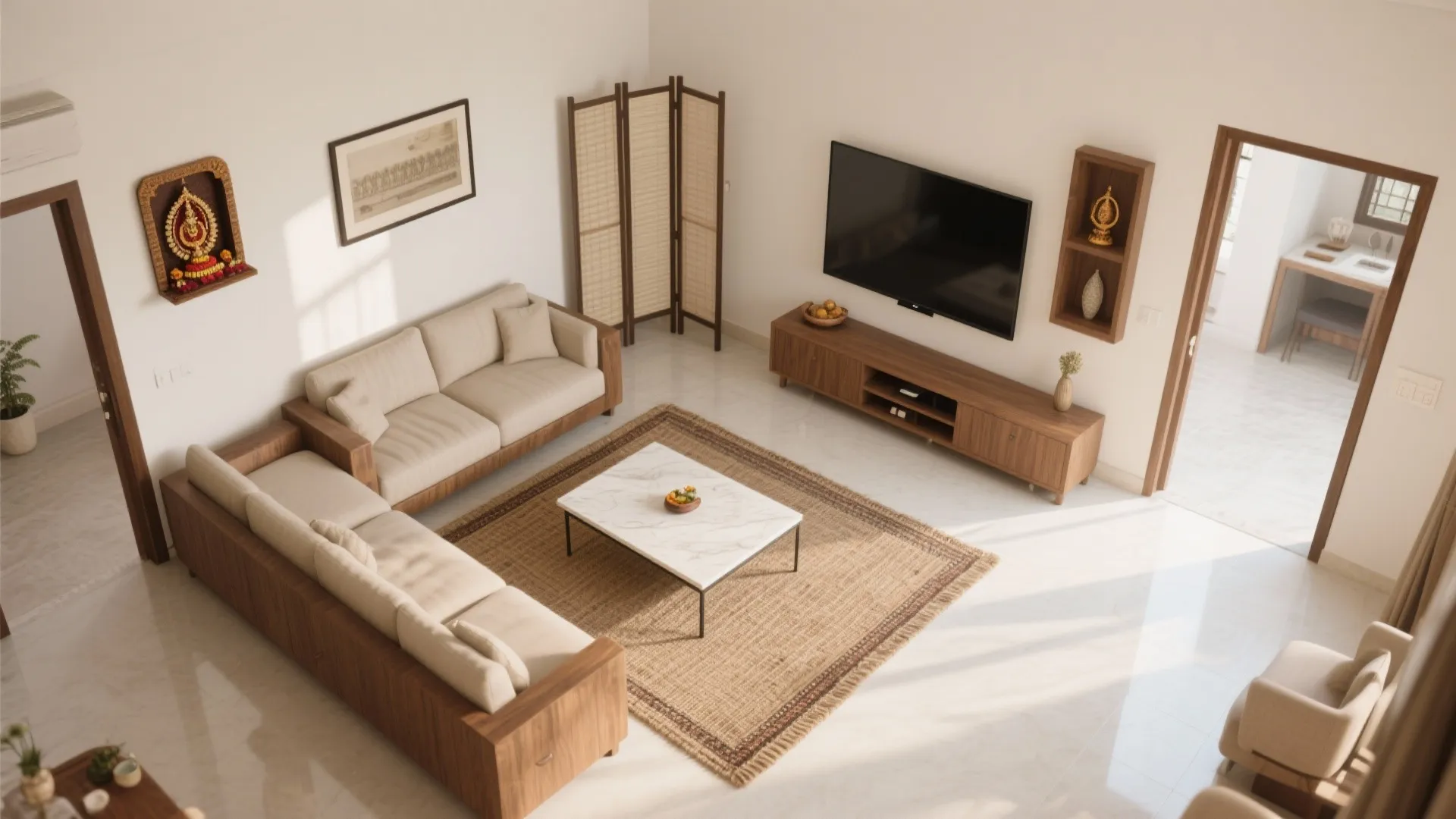 Modern living room layout with beige sofa marble coffee table rug wall television and cabinet