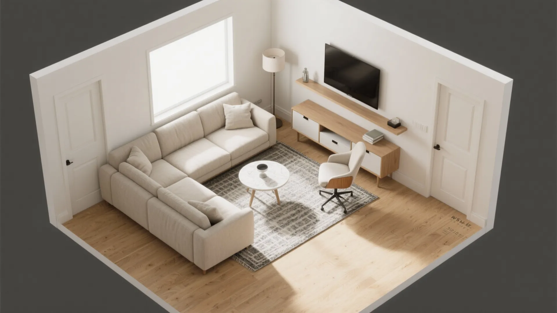Interior design drawing of modern living room with large sofa cabinet television and wood floor