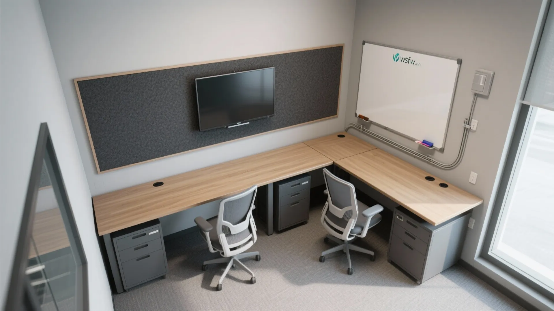 Top-down layout of a small study room with an L-shaped desk, clear circulation, and a centered monitor.