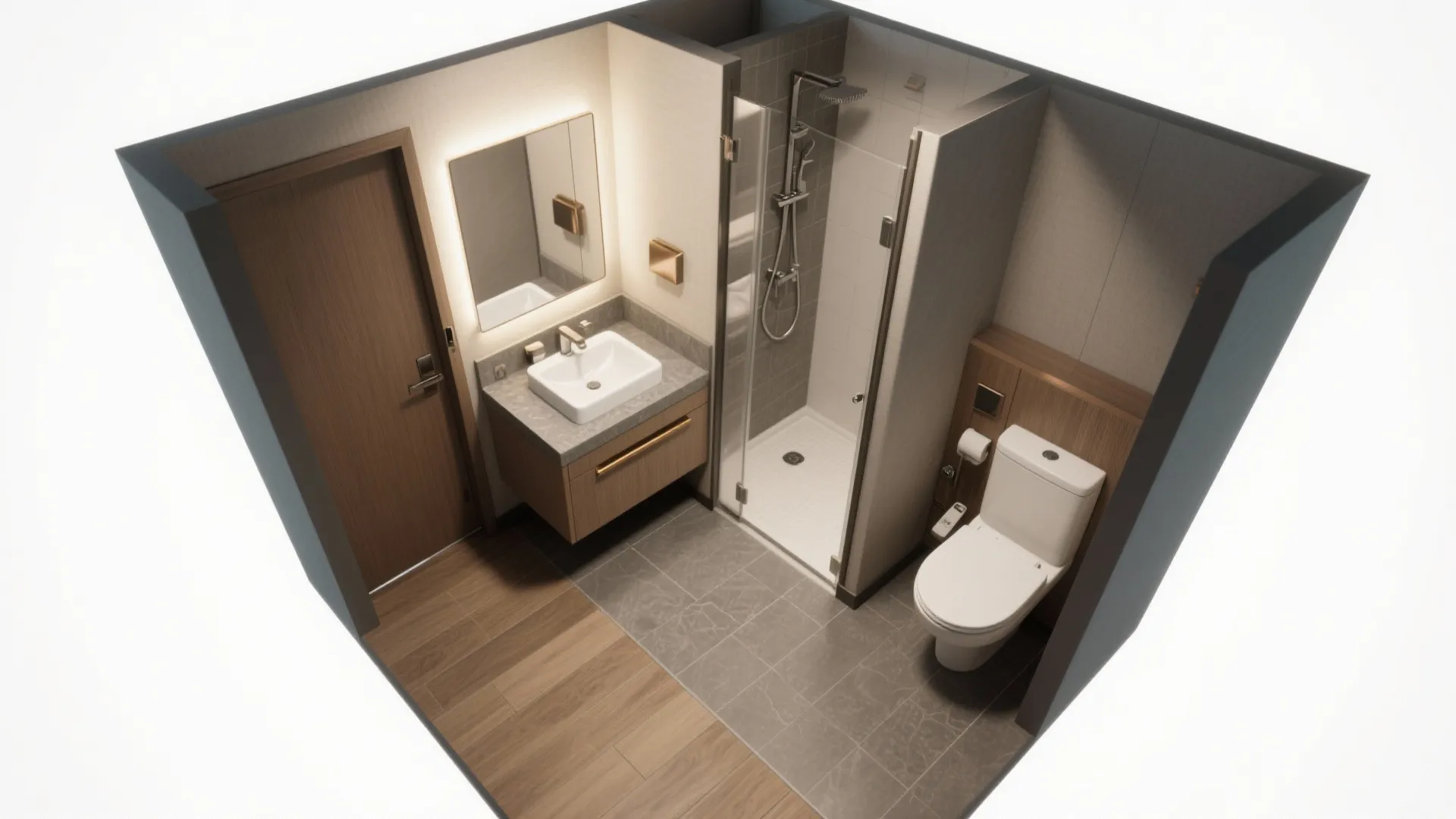 Interior design drawing of a small bathroom layout with shower area, sink, and white toilet