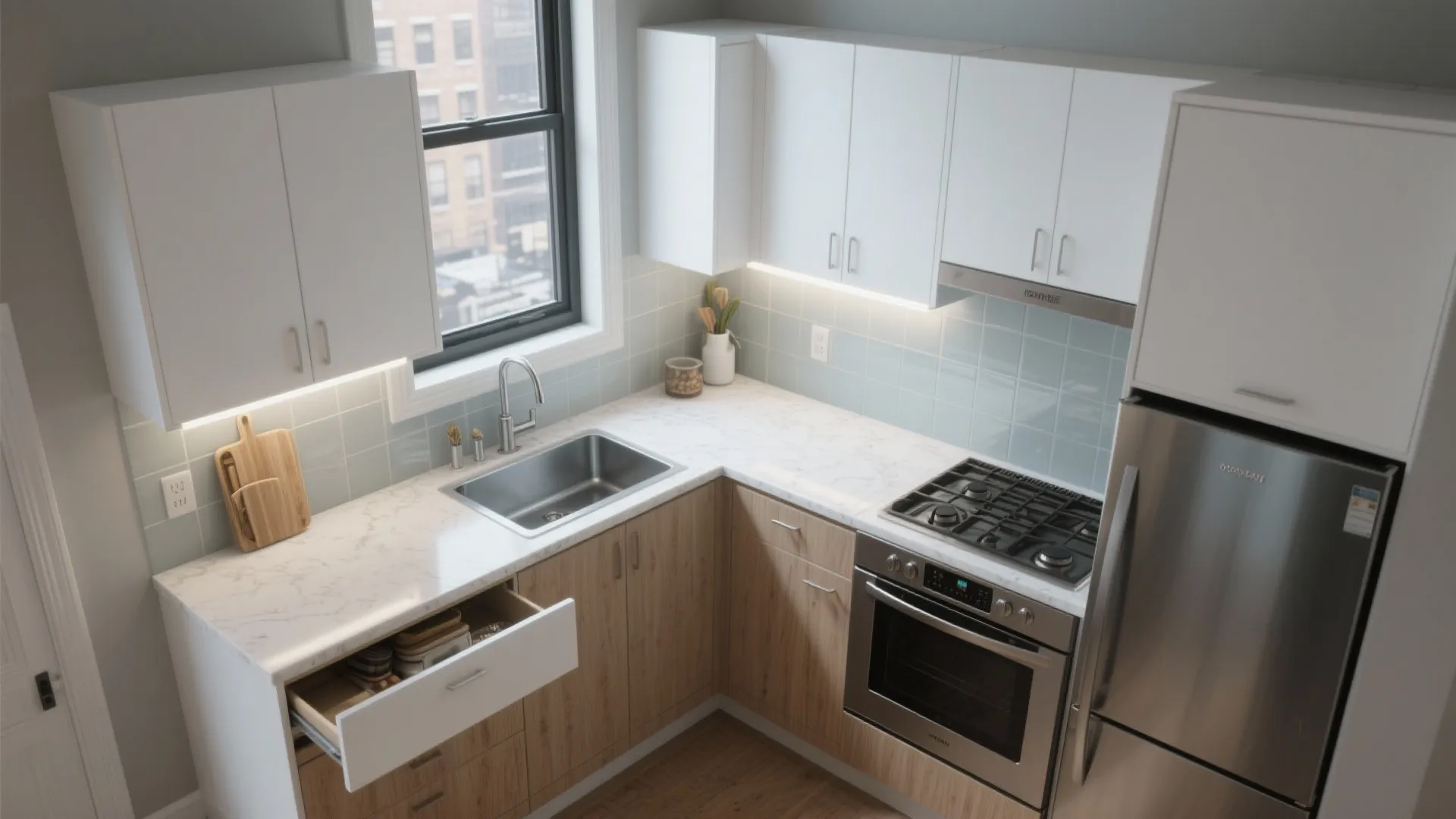 L‑shaped layout to carve out real counter space