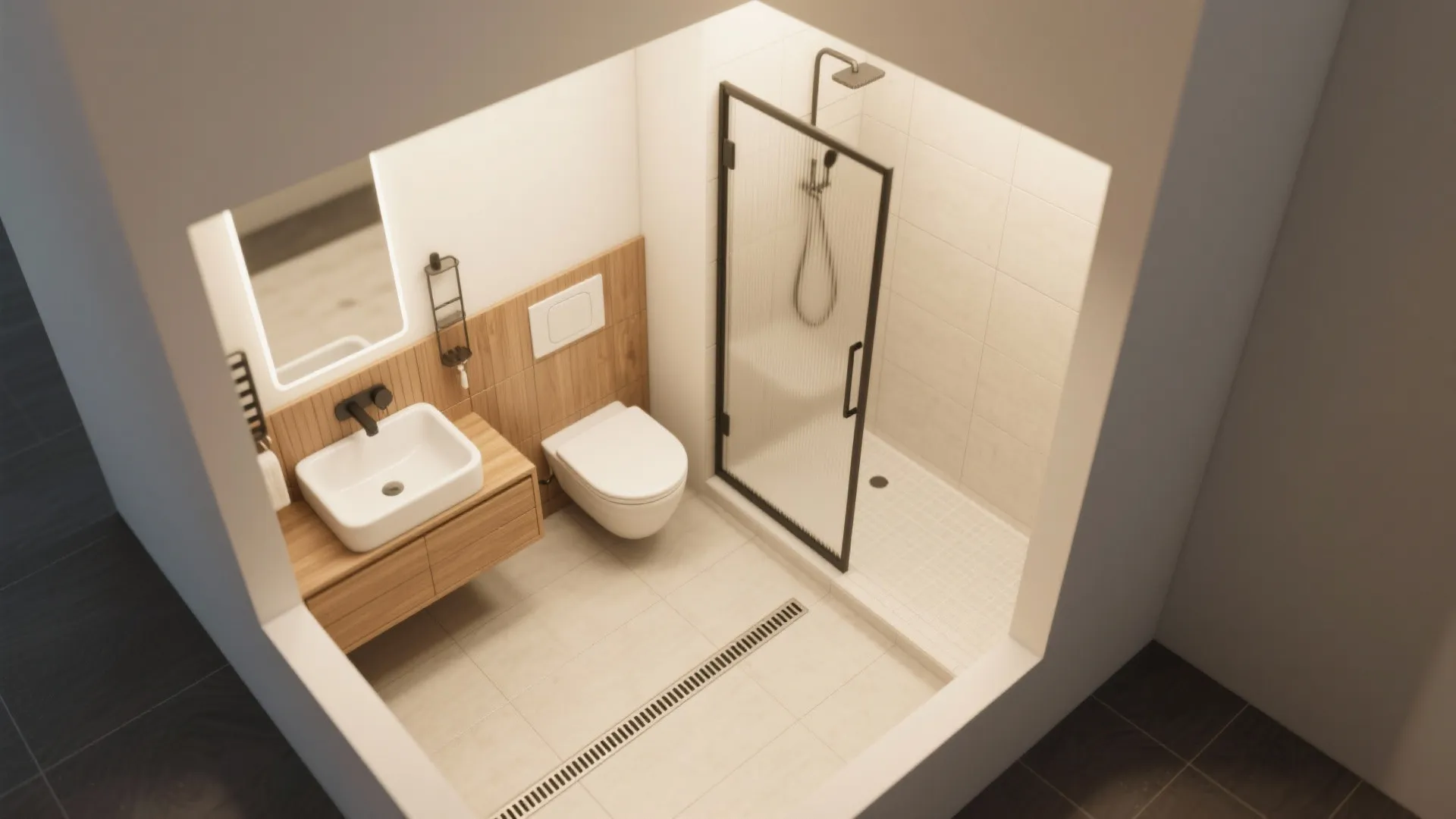 Top view interior design drawing of a small modern bathroom with shower toilet and sink