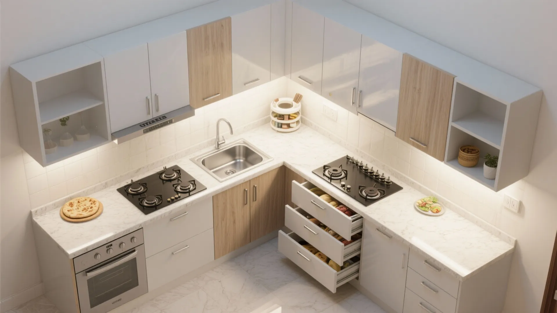 Compact L-shaped kitchen layout to free your counters