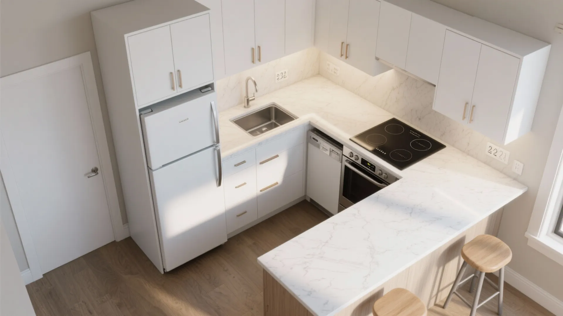 Modern white kitchen with marble countertop white refrigerator sink black stove oven wooden floor and stools