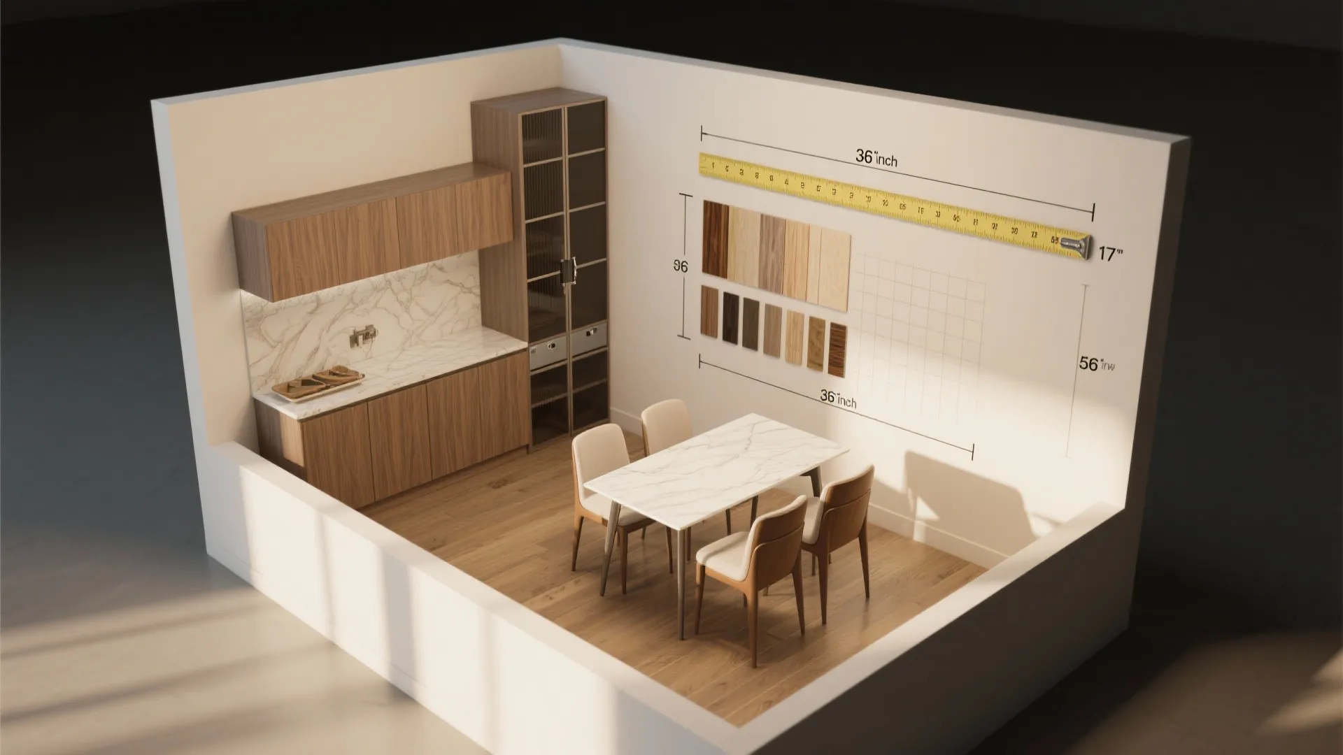 L-shaped buffet plus tall pantry tower