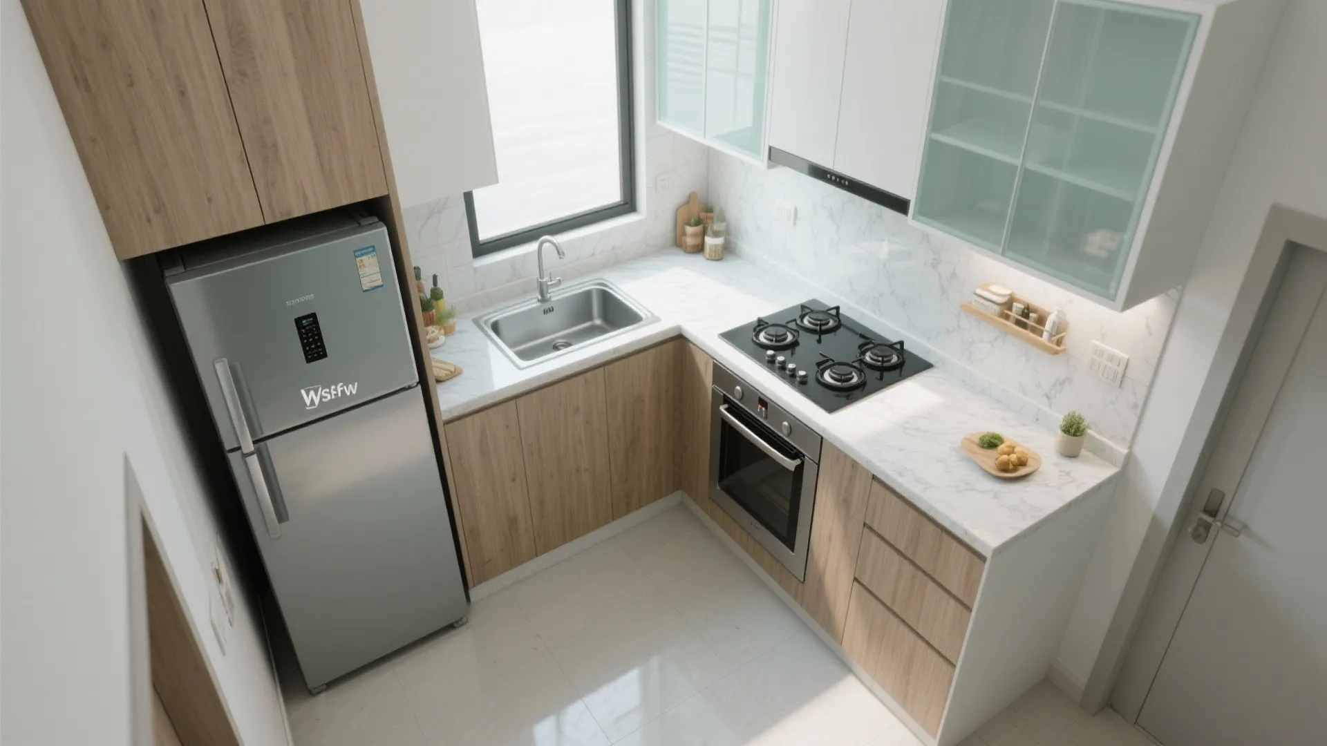 L-shaped small kitchen layout to free circulation