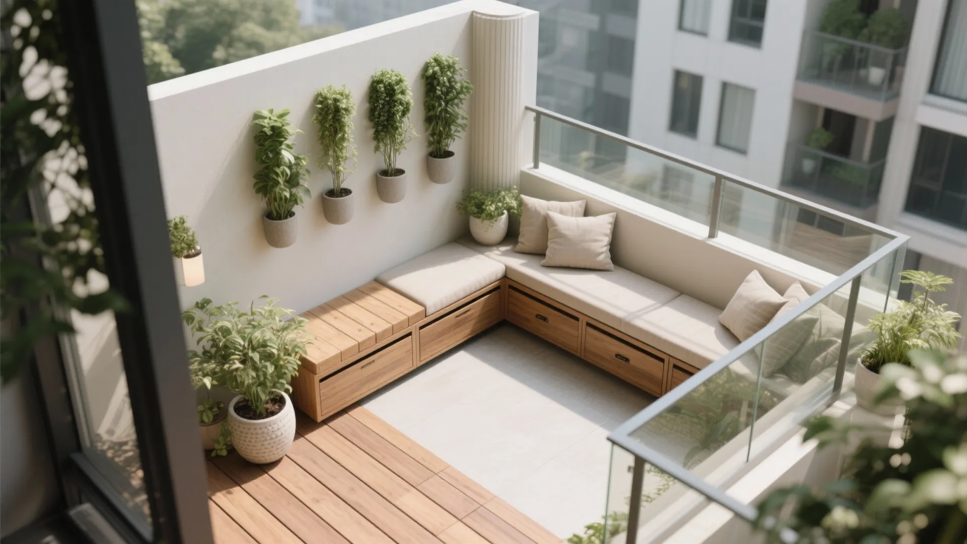 L-Shaped Seating with Vertical Faux Planters