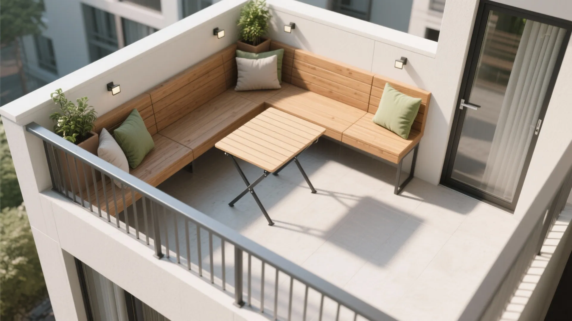 L-shaped small balcony seating and multi-use layout