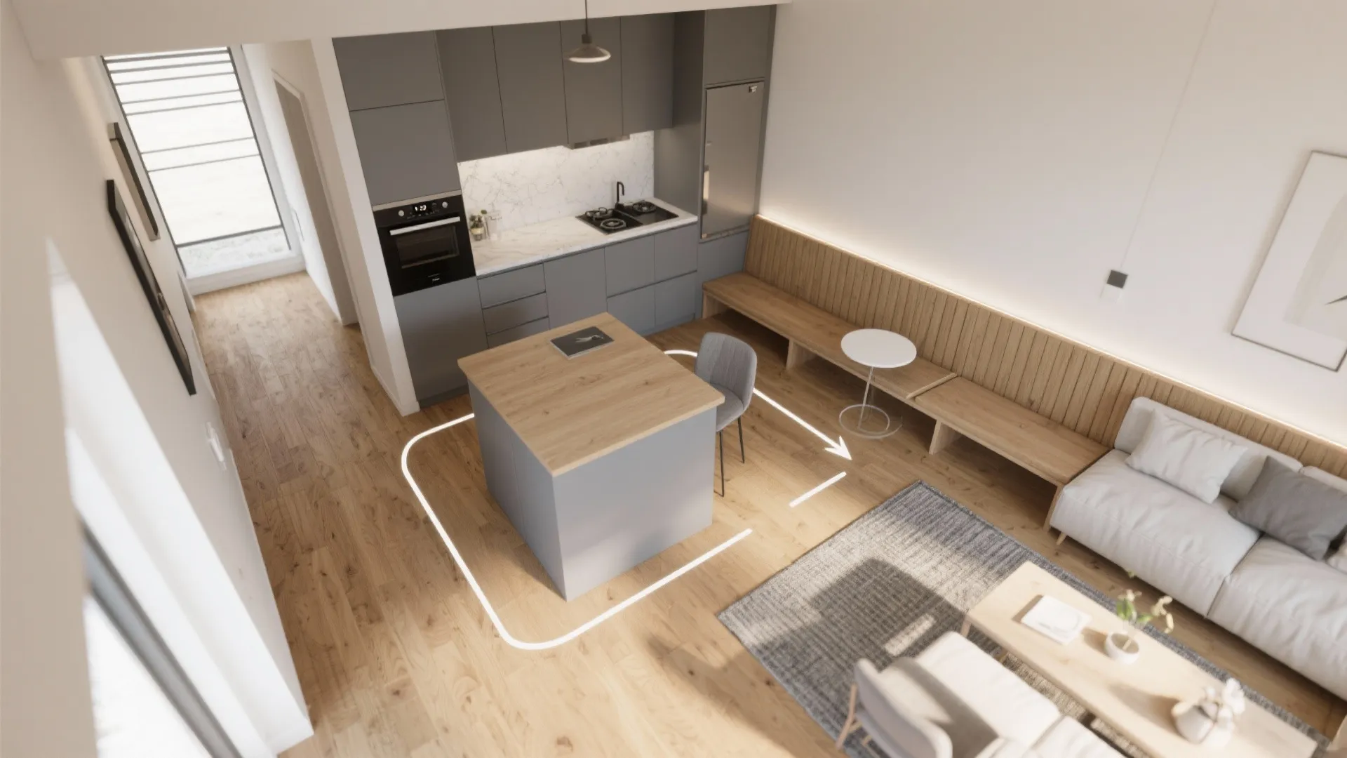 Peninsula or L-shaped zoning with a cozy banquette