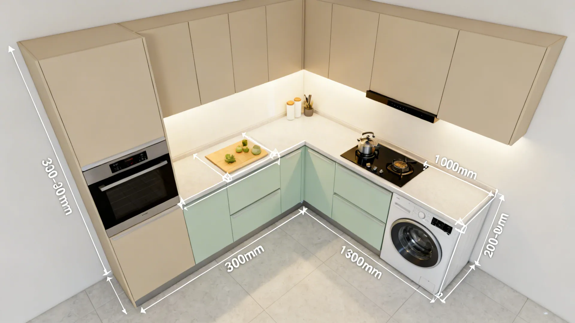 Top-down view of an L-shaped studio kitchen with clearances, prep zones, and appliance layout.