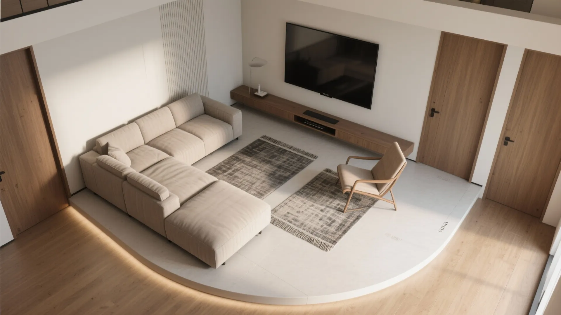 Modern living room interior design drawing with beige sofa wooden cabinet and television in top-down view