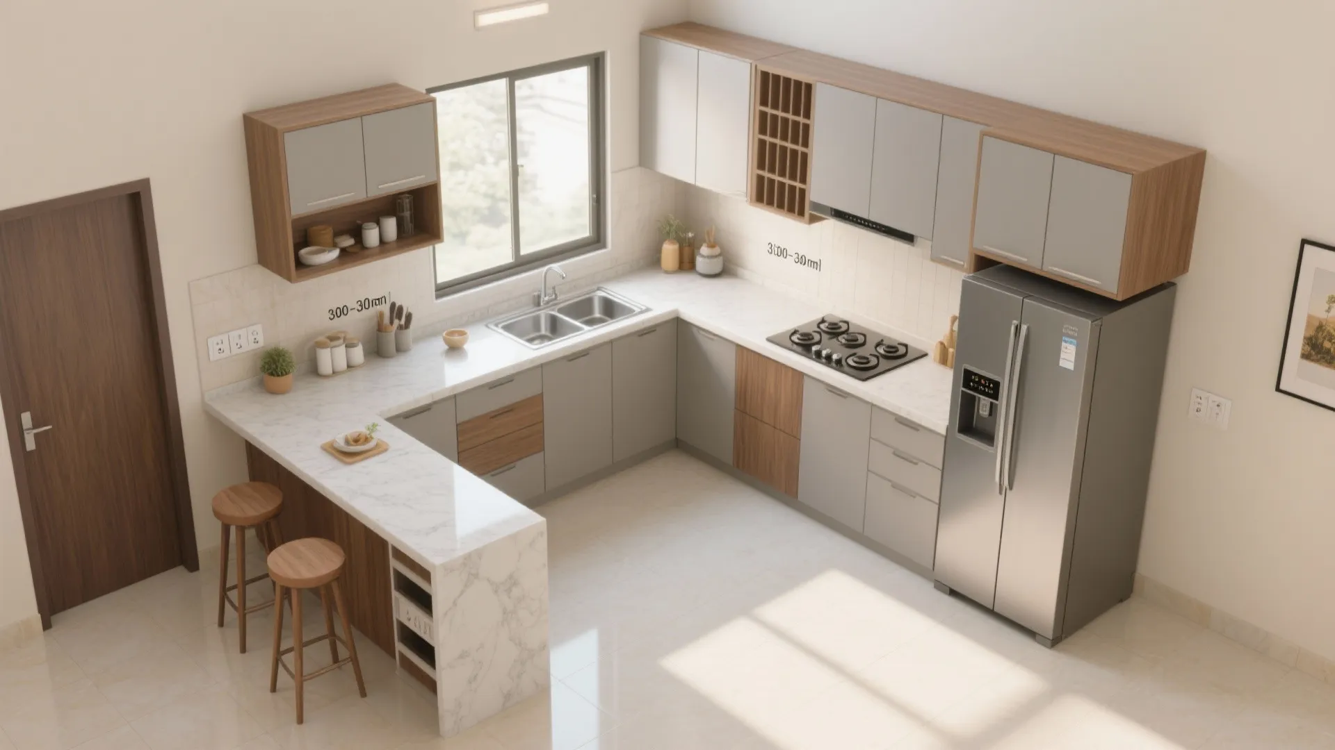 L-shaped layout with a breakfast perch