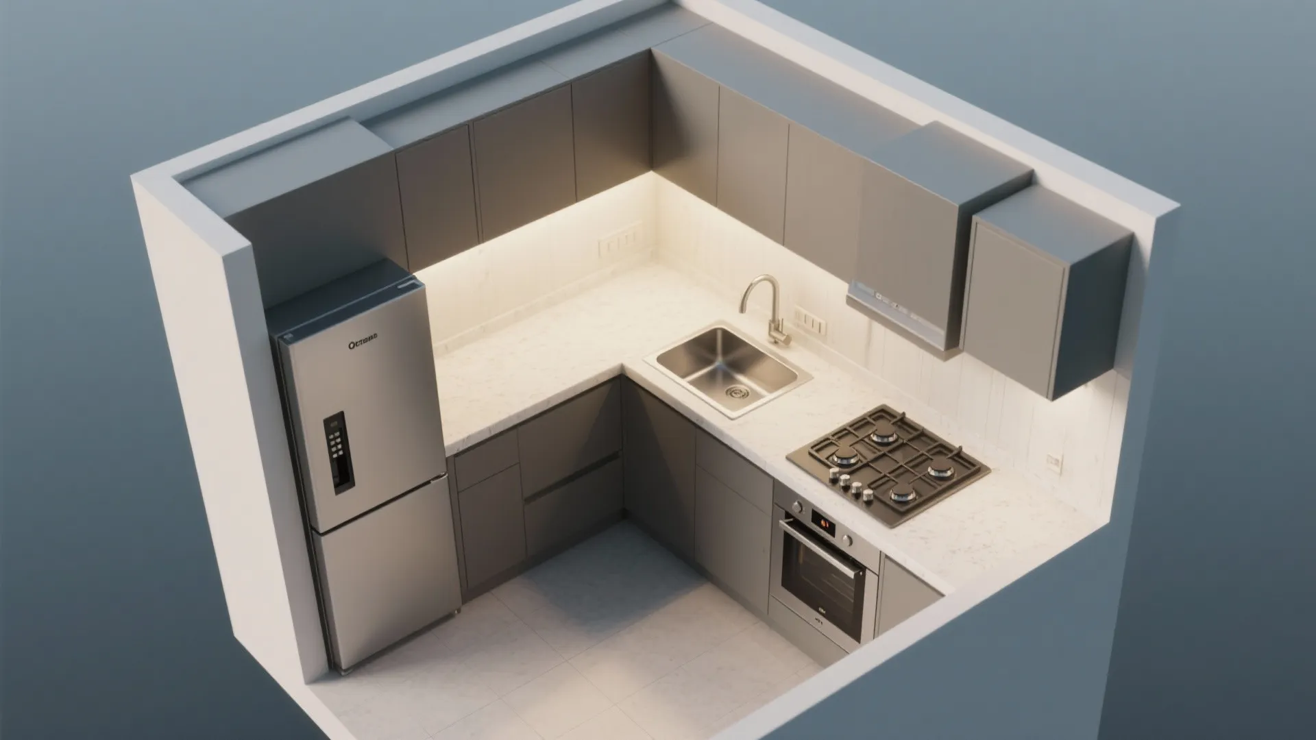 L-shaped compact kitchen layout