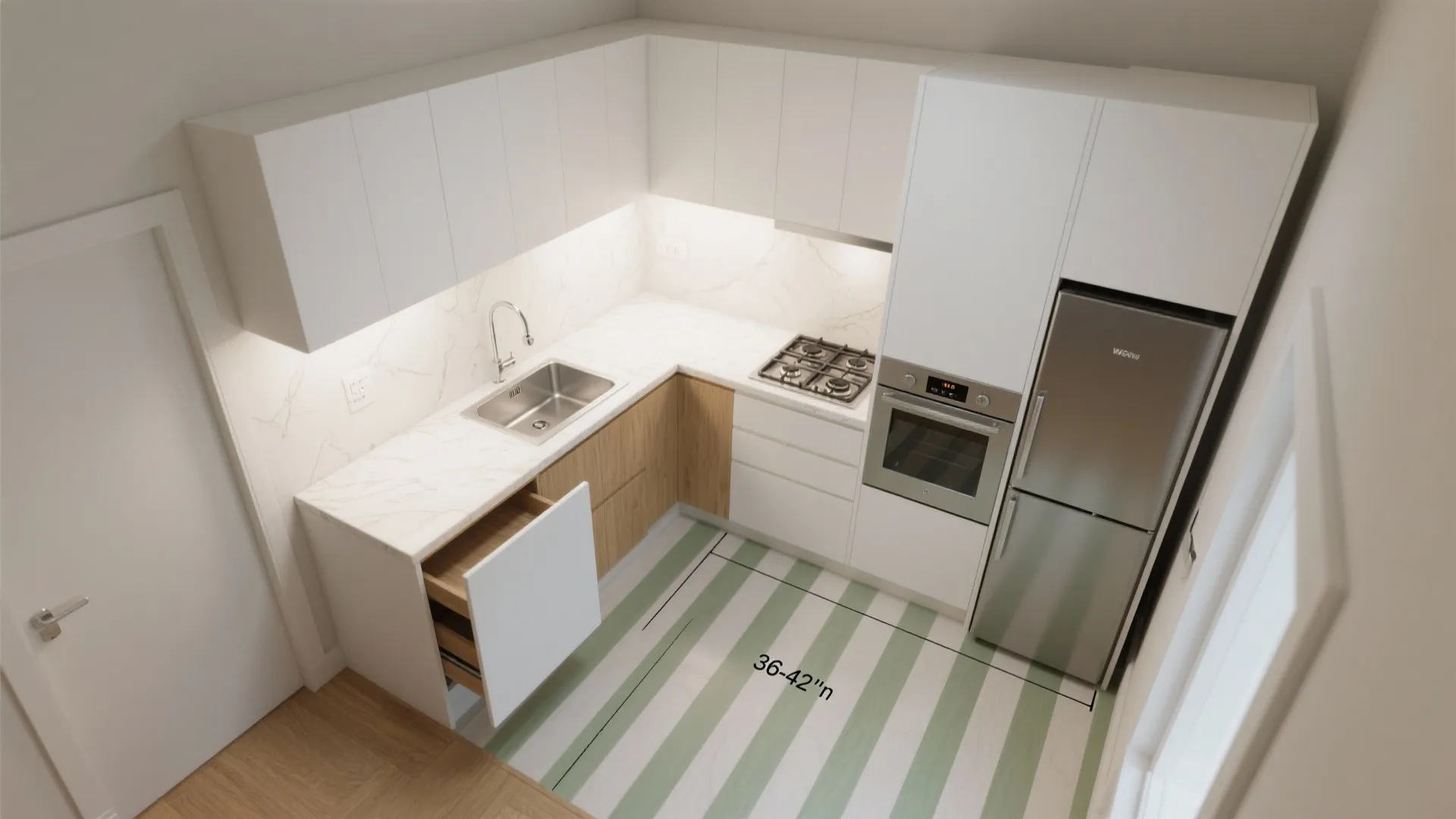 Top view interior design drawing of white kitchen with dimension lines and stainless steel fridge