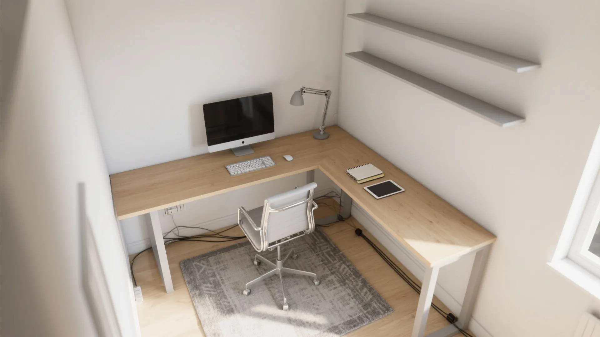 Top view of wooden L-shaped corner desk with computer white office chair and wall mounted shelves