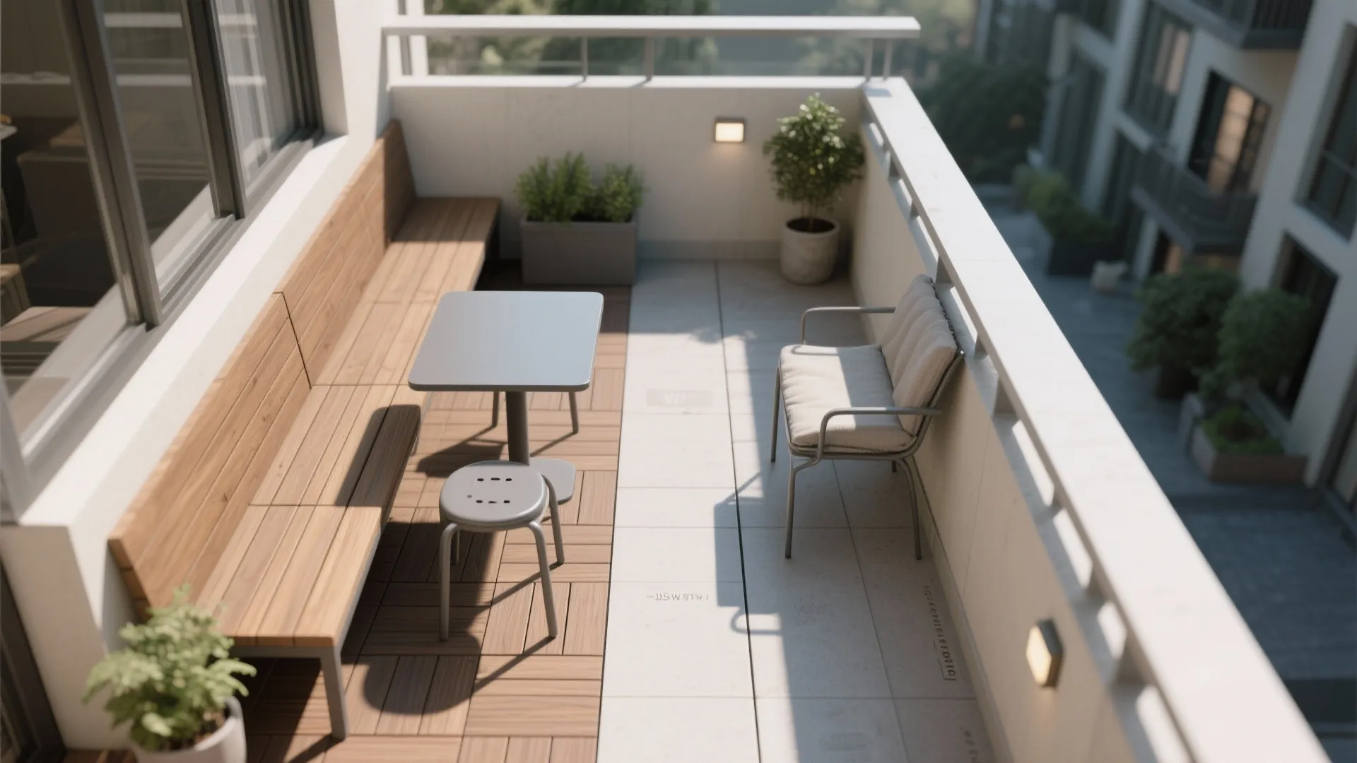 L-shaped balcony layout that frees floor space