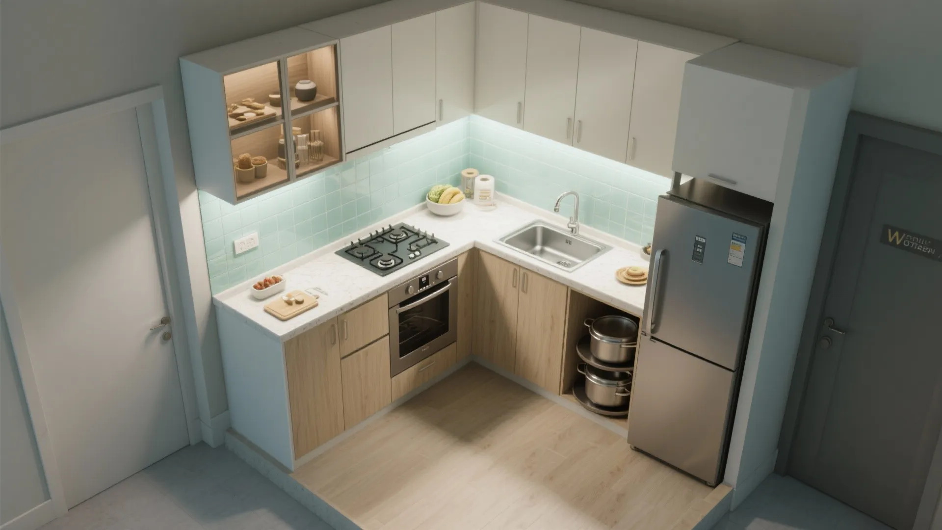 L-shaped compact kitchen layout with smart zones