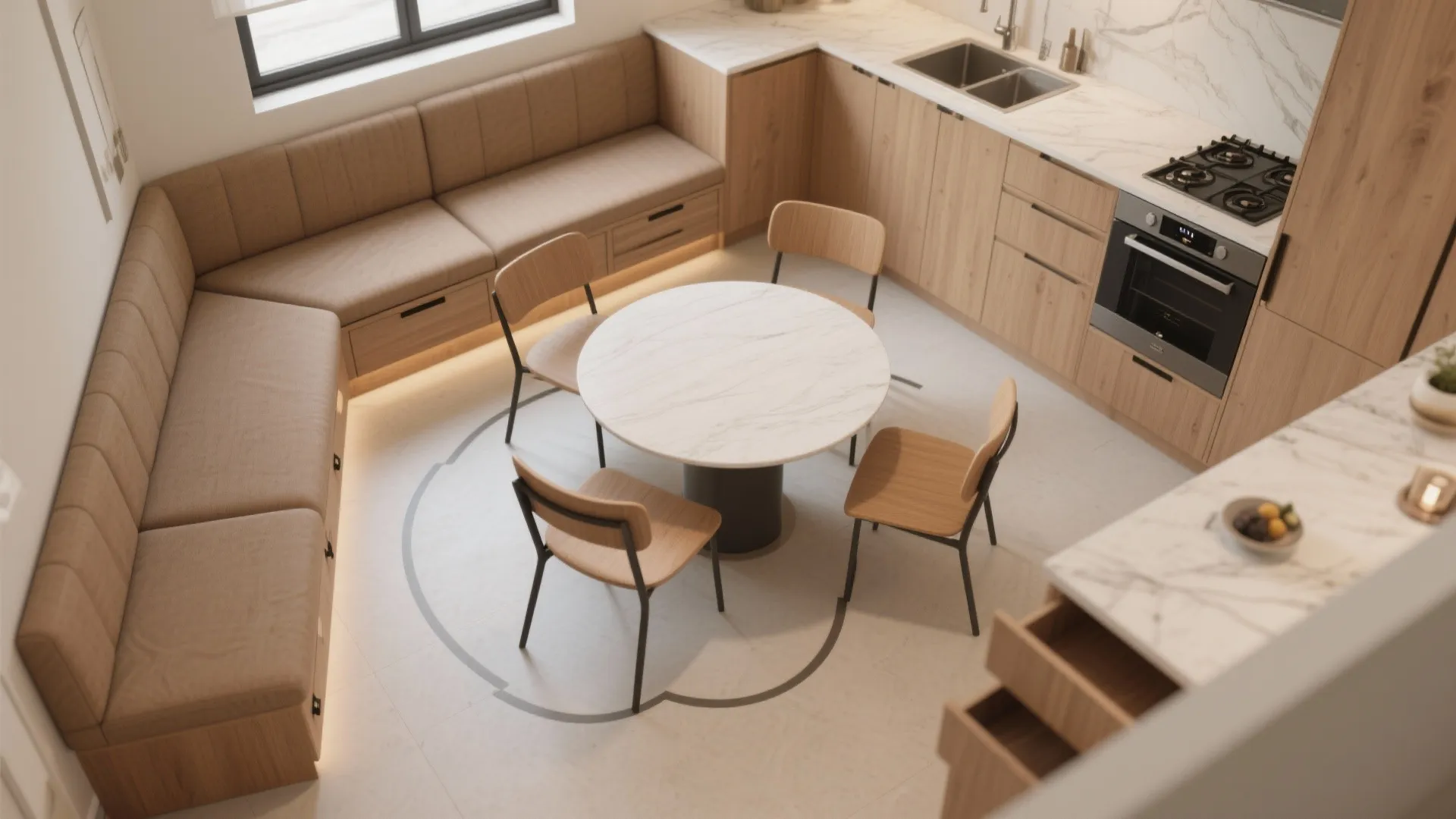 L-shaped kitchen with banquette seating