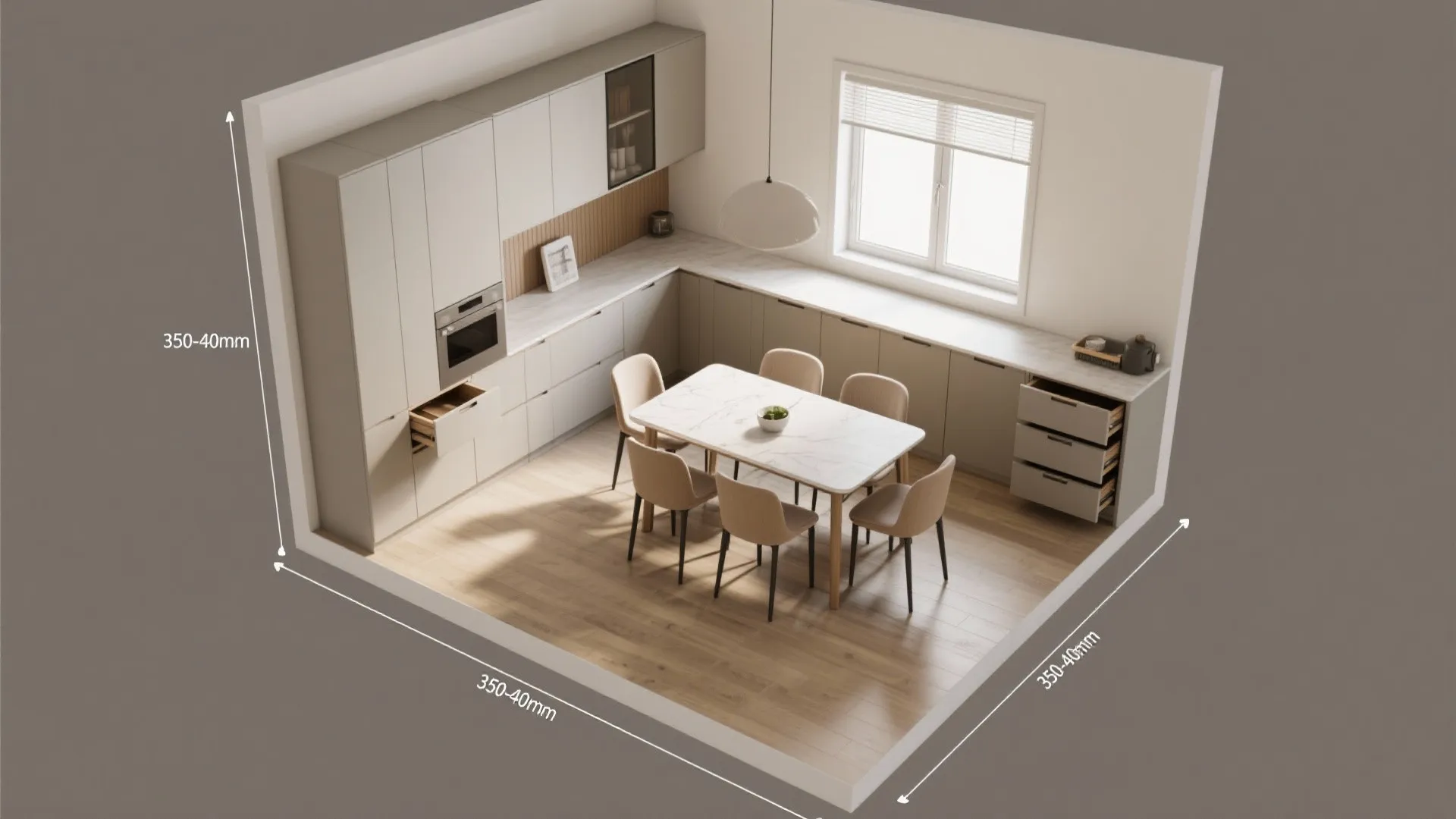 L-shaped cabinet wall that doubles as a buffet