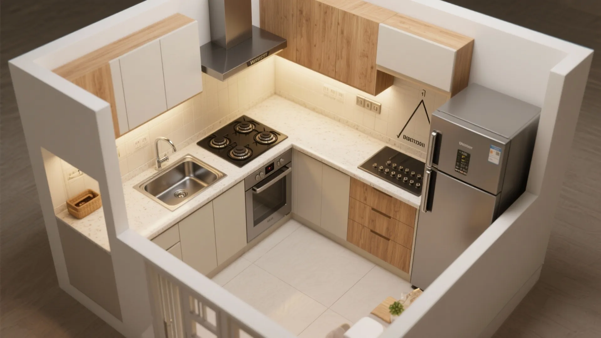 Modern kitchen with wood cabinets white countertops silver fridge gas stove and small sink area design