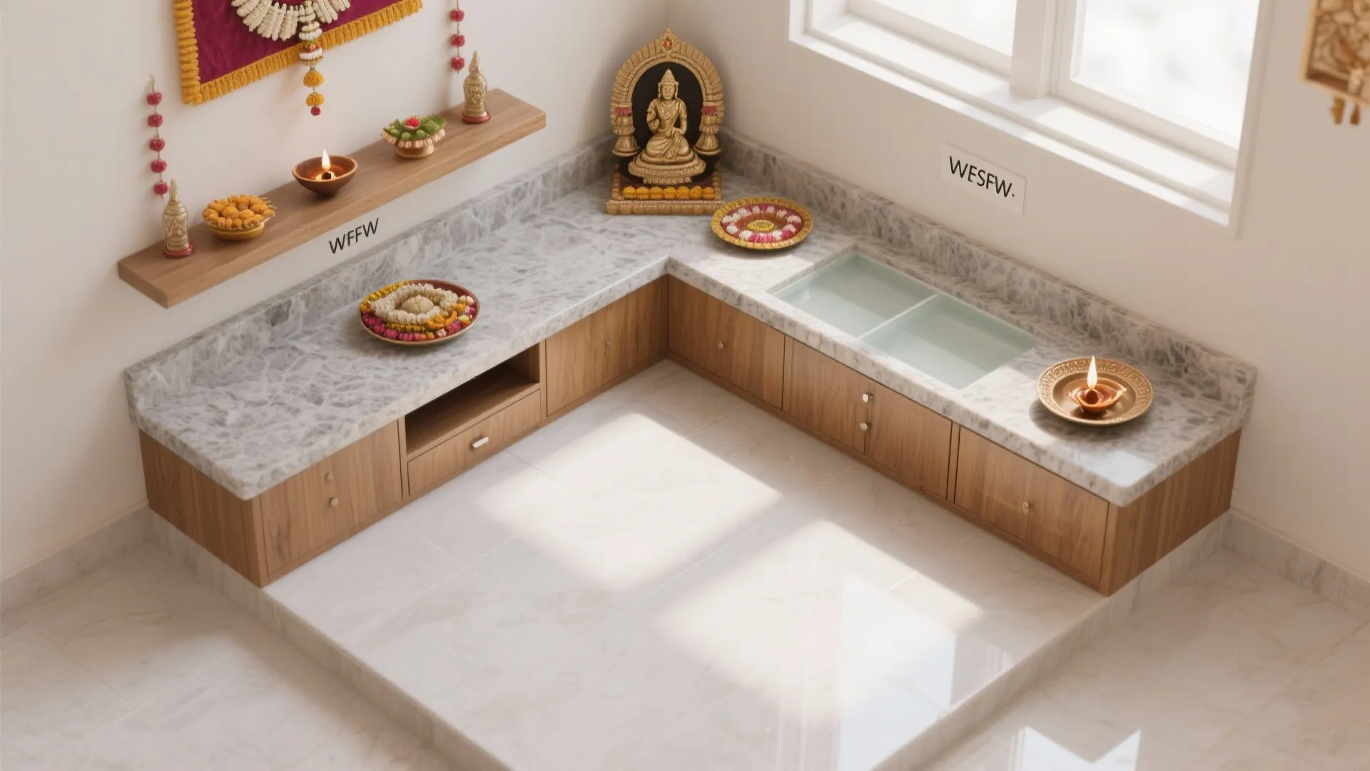 Top-down view of a compact L-shaped pooja layout with defined zones and drawer.