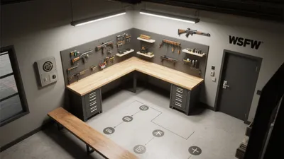 Industrial Workshop Design with Pegboard Storage & Workflow Layout