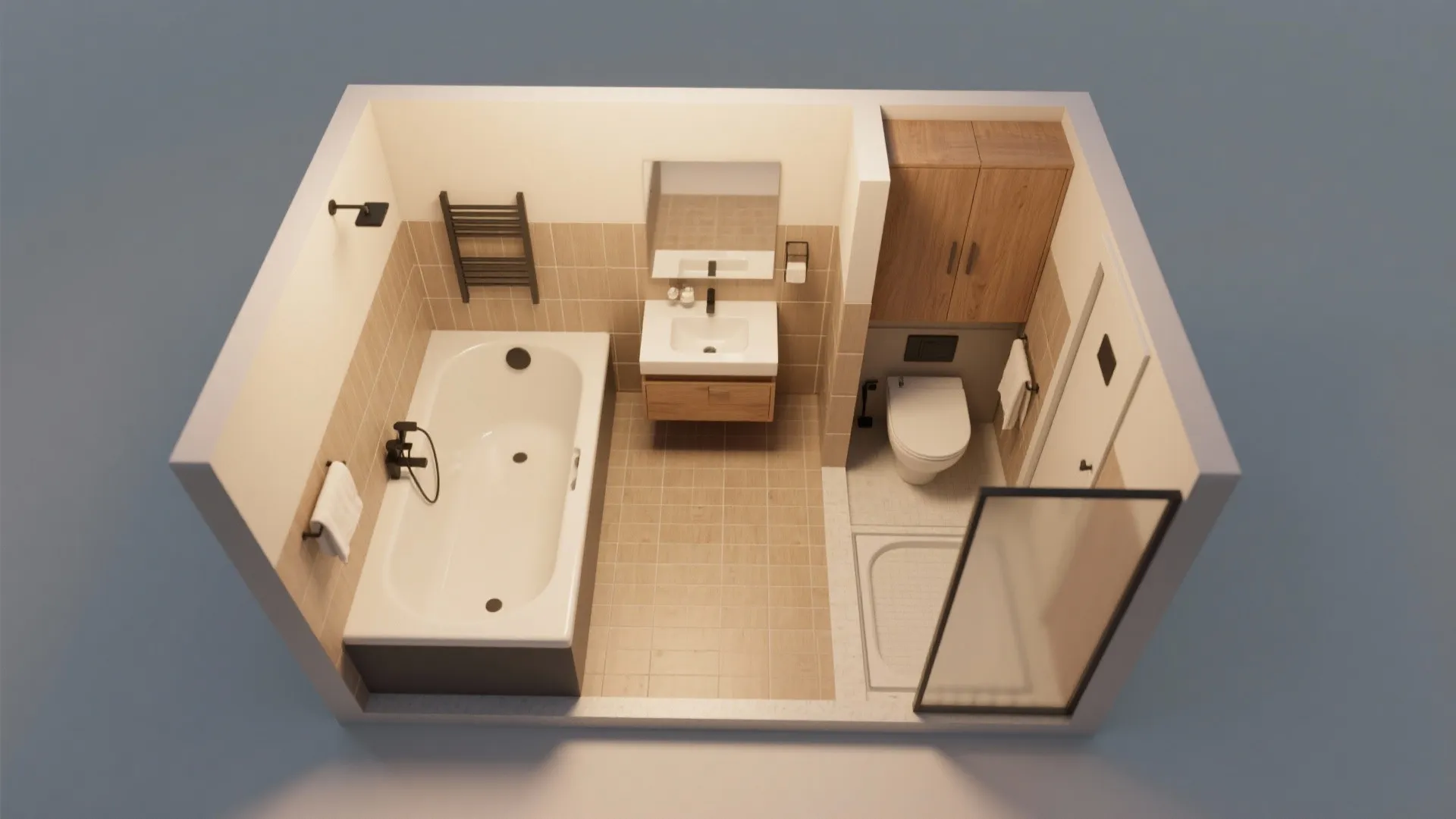 Top-down view of an L-shaped tiny bathroom with a jacuzzi tub and clear center aisle.